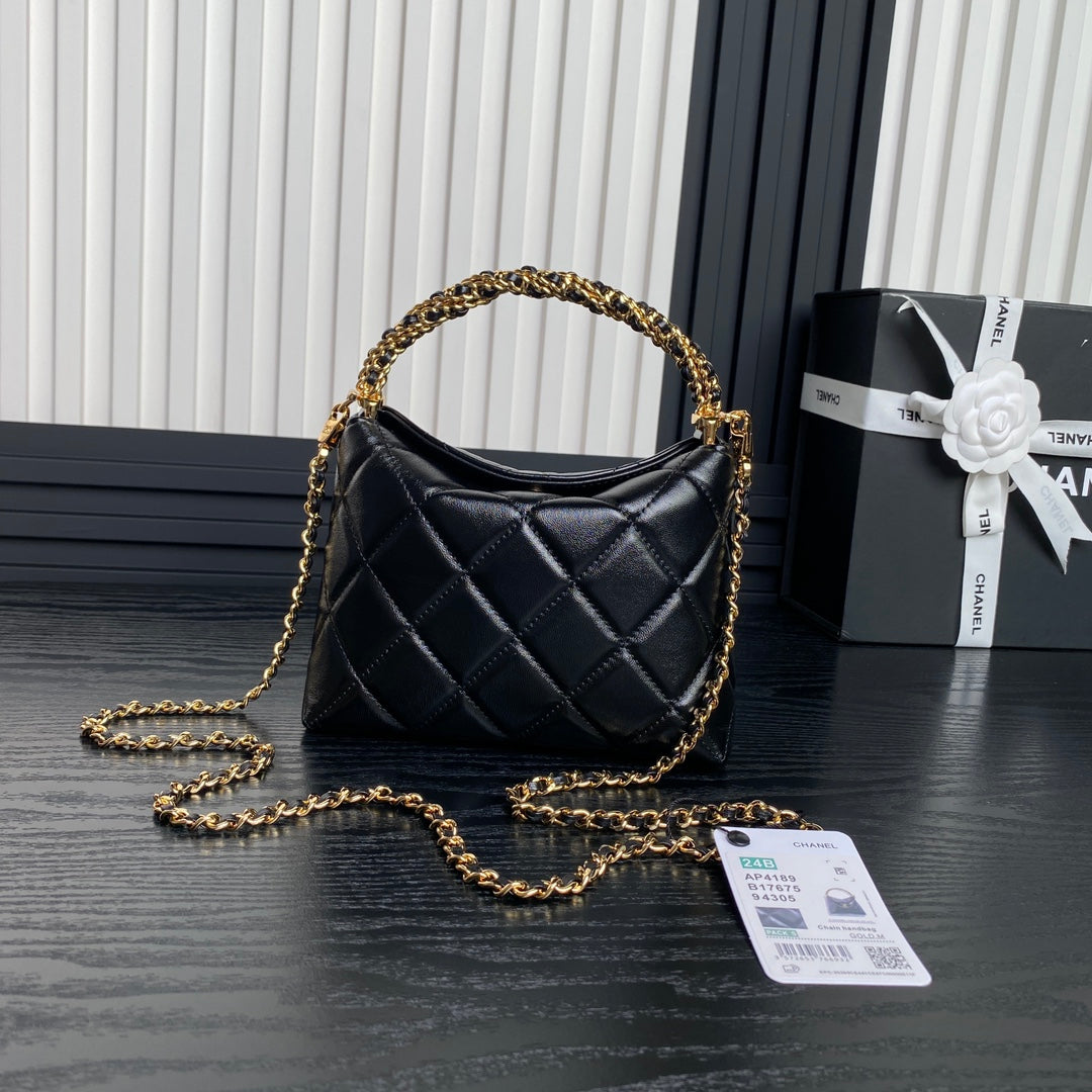 18.5cm Hobo Black Leather Gold Chain Handheld Shoulder Bag AP4189