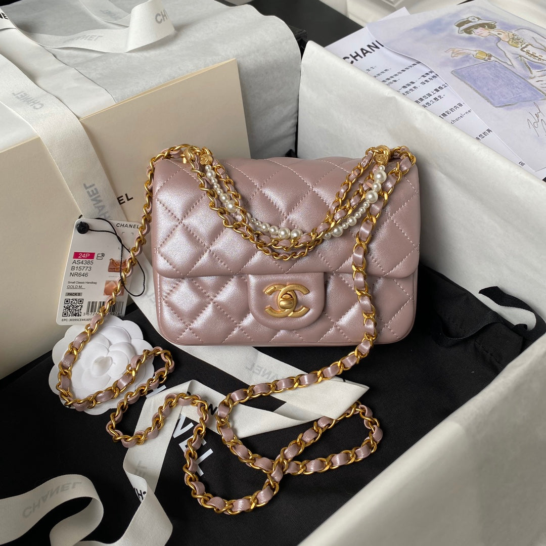 CHA 12.5CM Pink 124P Pearl Chain Cross Shoulder Bag AS438