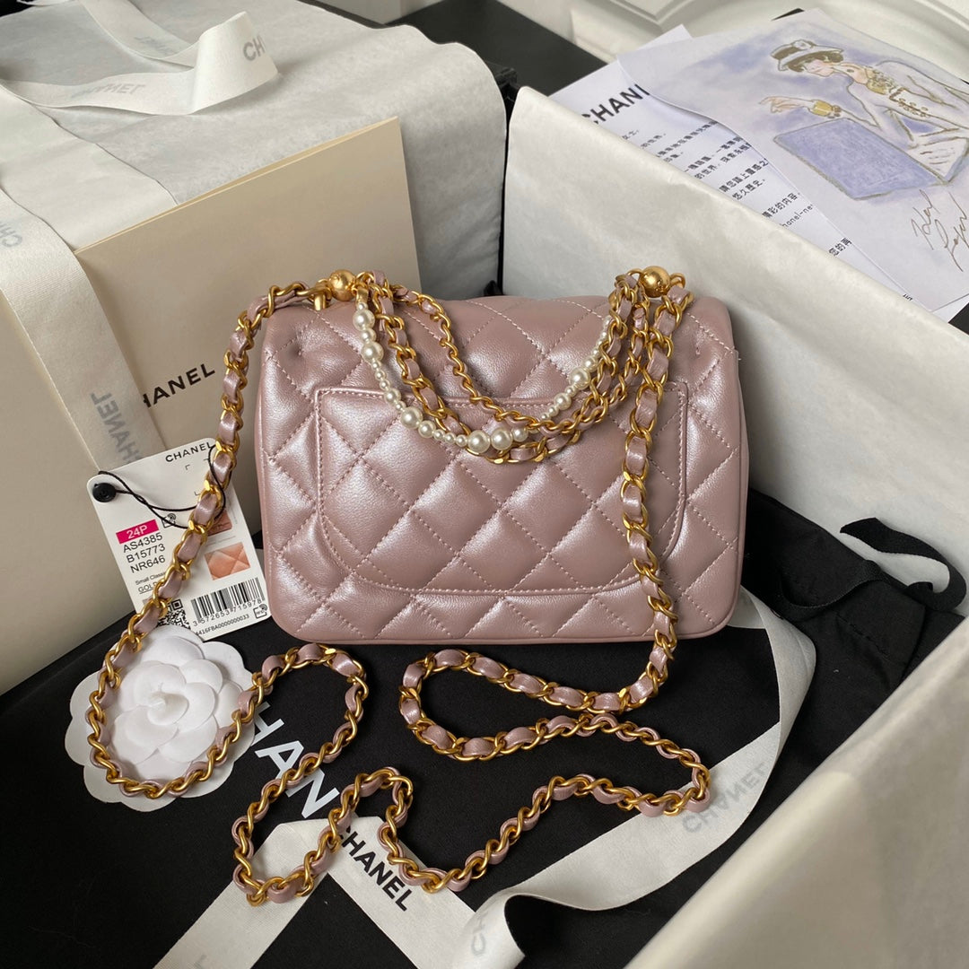 CHA 12.5CM Pink 124P Pearl Chain Cross Shoulder Bag AS438