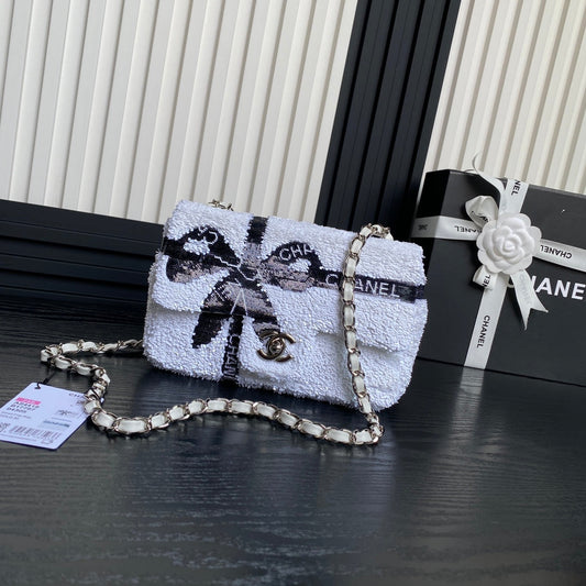 CHA 21CM Bow CF Black and White sequin Shoulder Bag AS4418