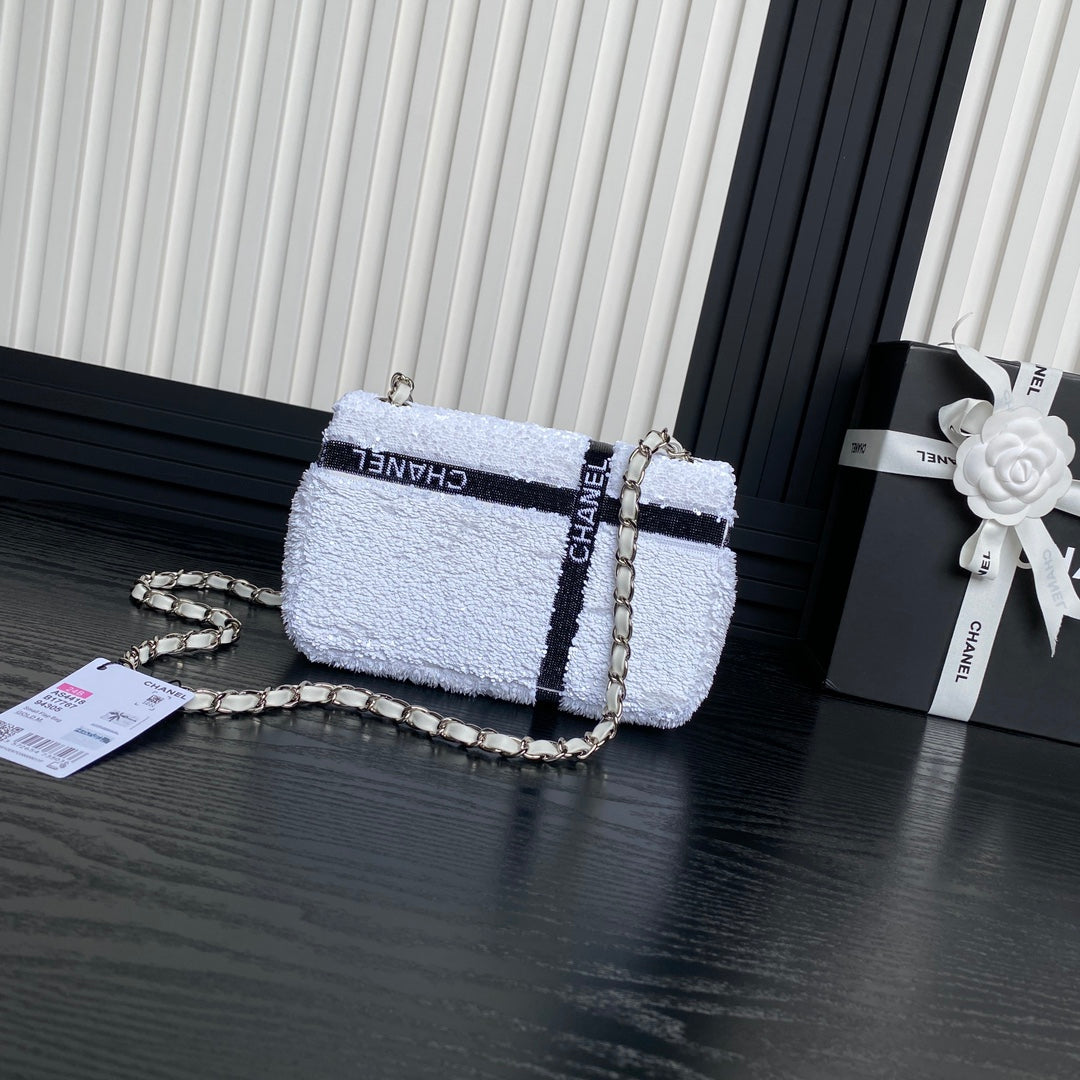 CHA 21CM Bow CF Black and White sequin Shoulder Bag AS4418