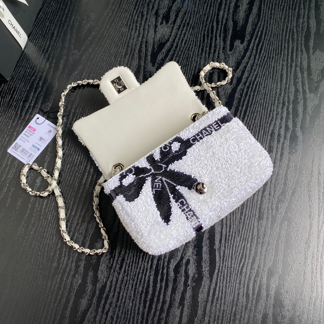 CHA 21CM Bow CF Black and White sequin Shoulder Bag AS4418