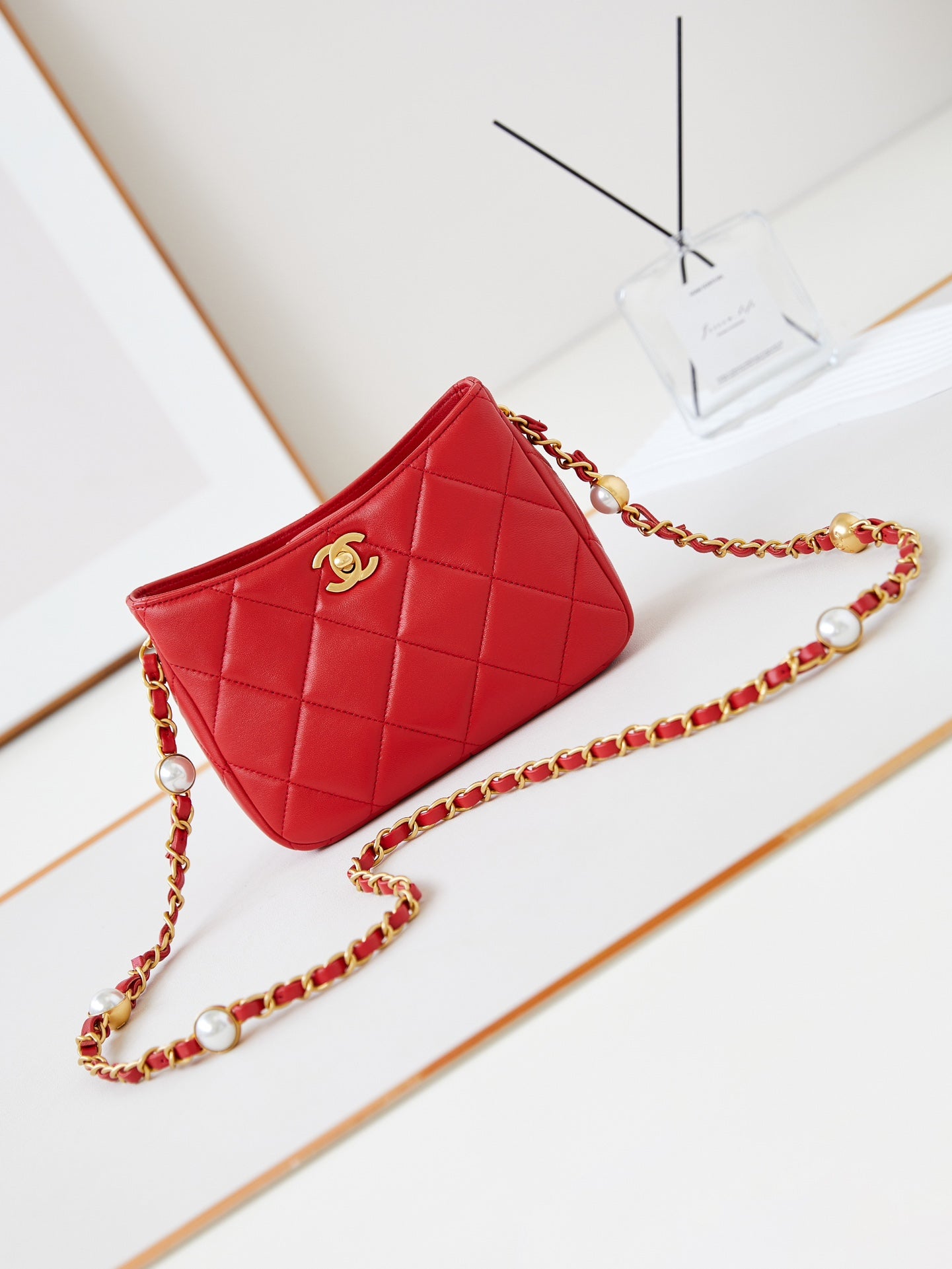 CHA 13CM Red 24B Pearl Shoulder Bag AS4948