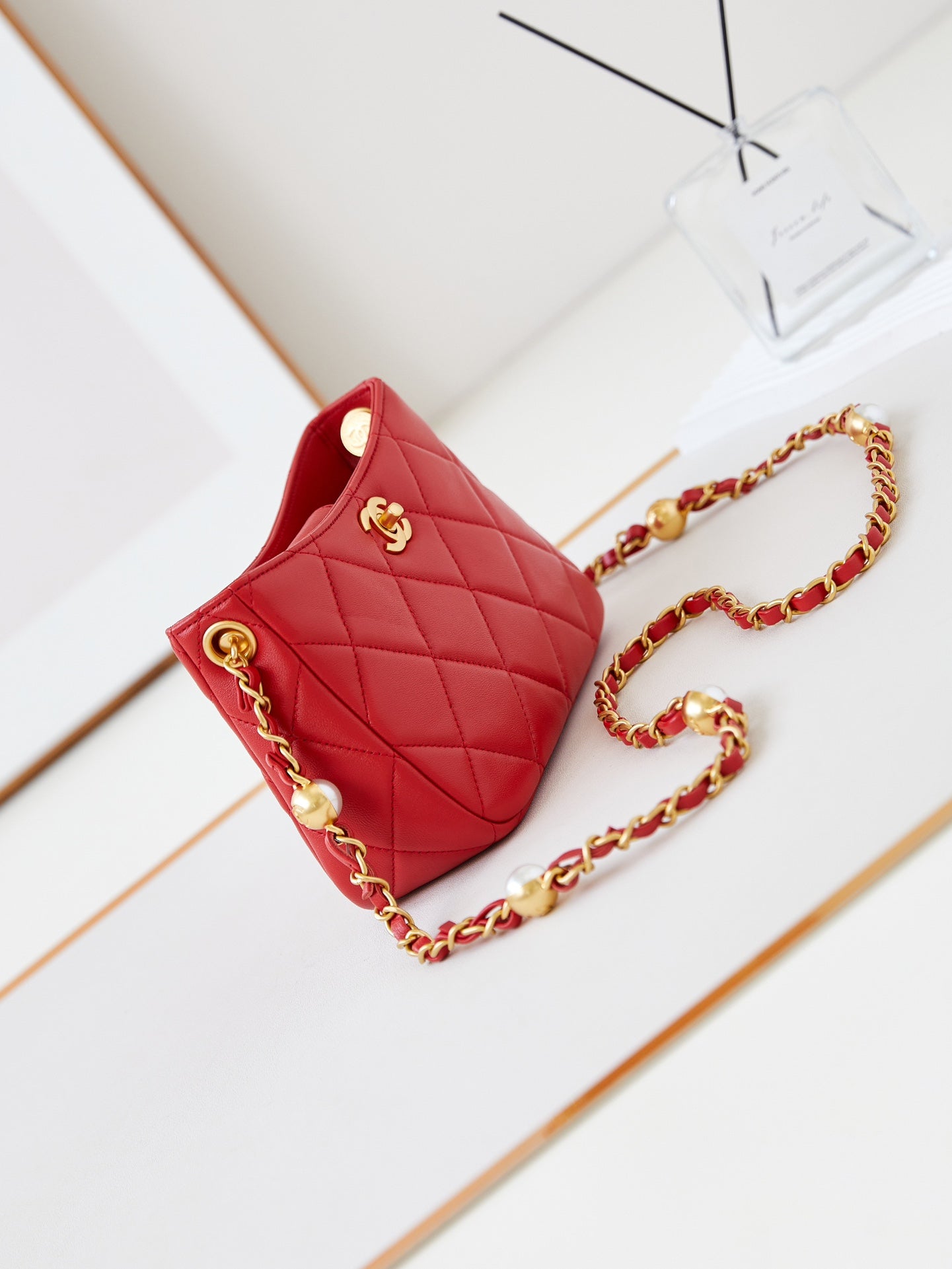 CHA 13CM Red 24B Pearl Shoulder Bag AS4948