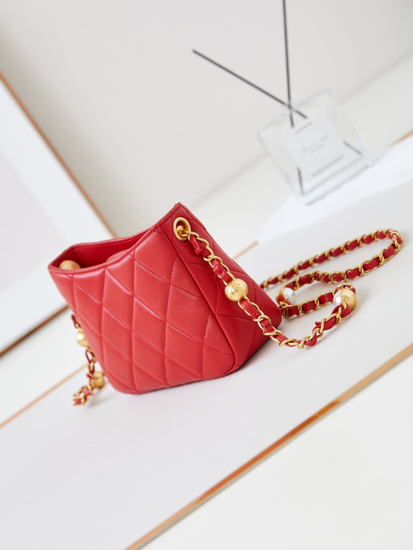 CHA 13CM Red 24B Pearl Shoulder Bag AS4948