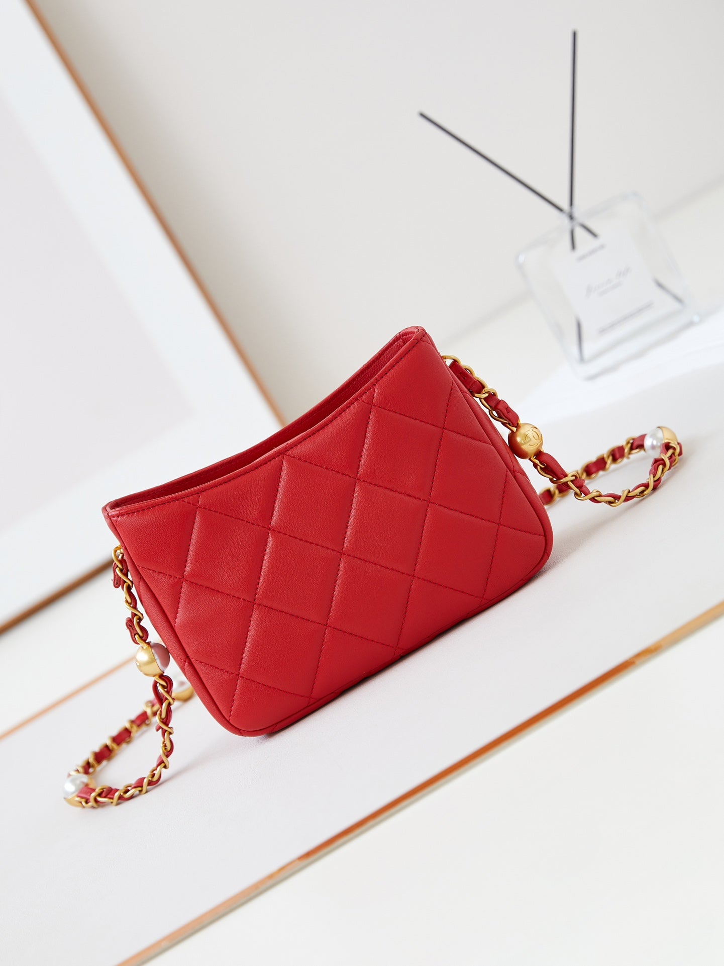 CHA 13CM Red 24B Pearl Shoulder Bag AS4948