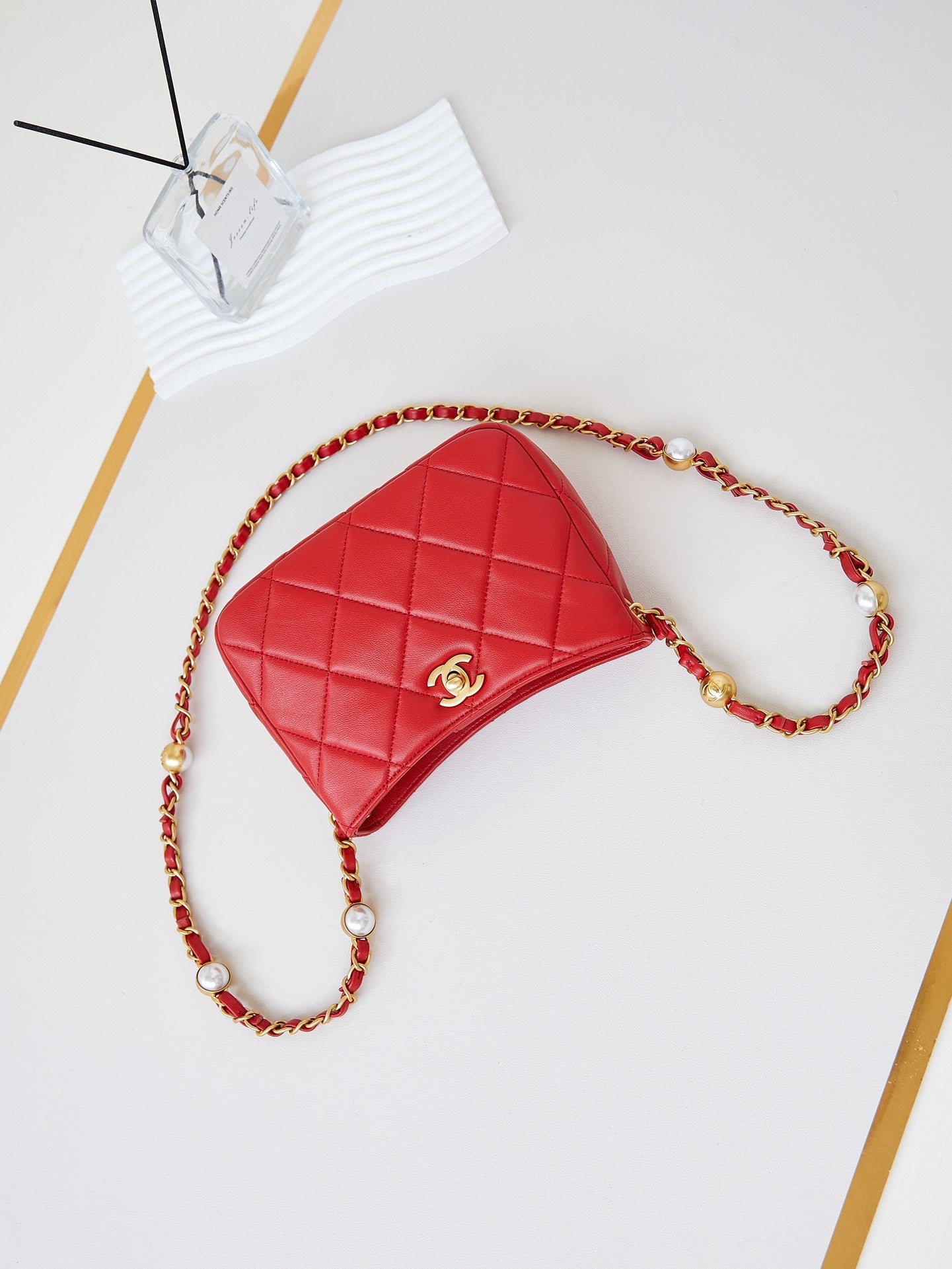 CHA 13CM Red 24B Pearl Shoulder Bag AS4948