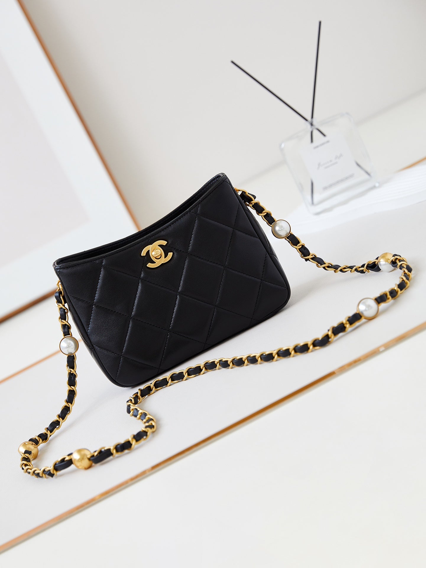 CHA 13CM Black 24B Pearl Shoulder Bag AS4948