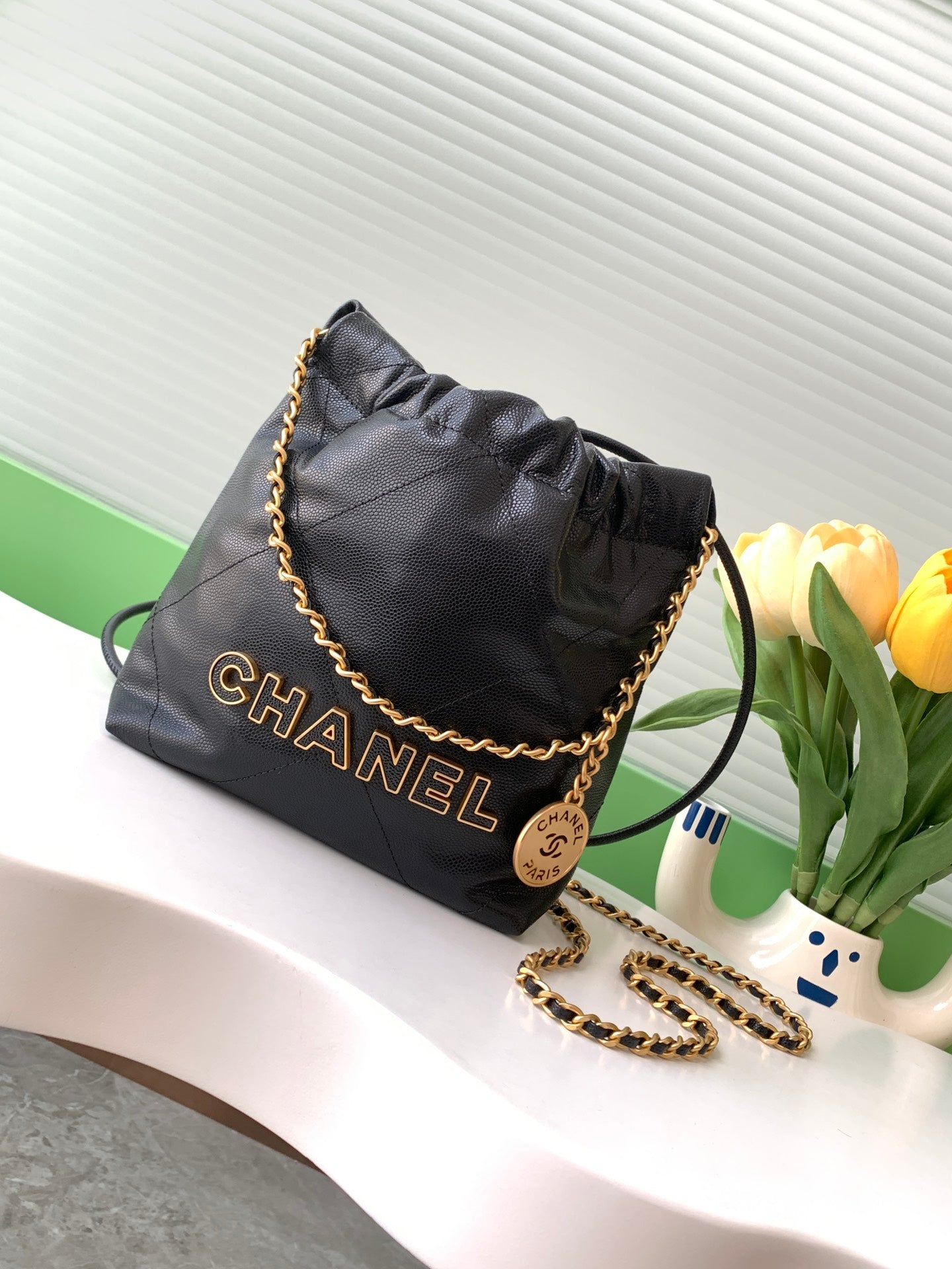 CHA 20CM black Canvas Garbage Bag Shoulder Bag AS3980