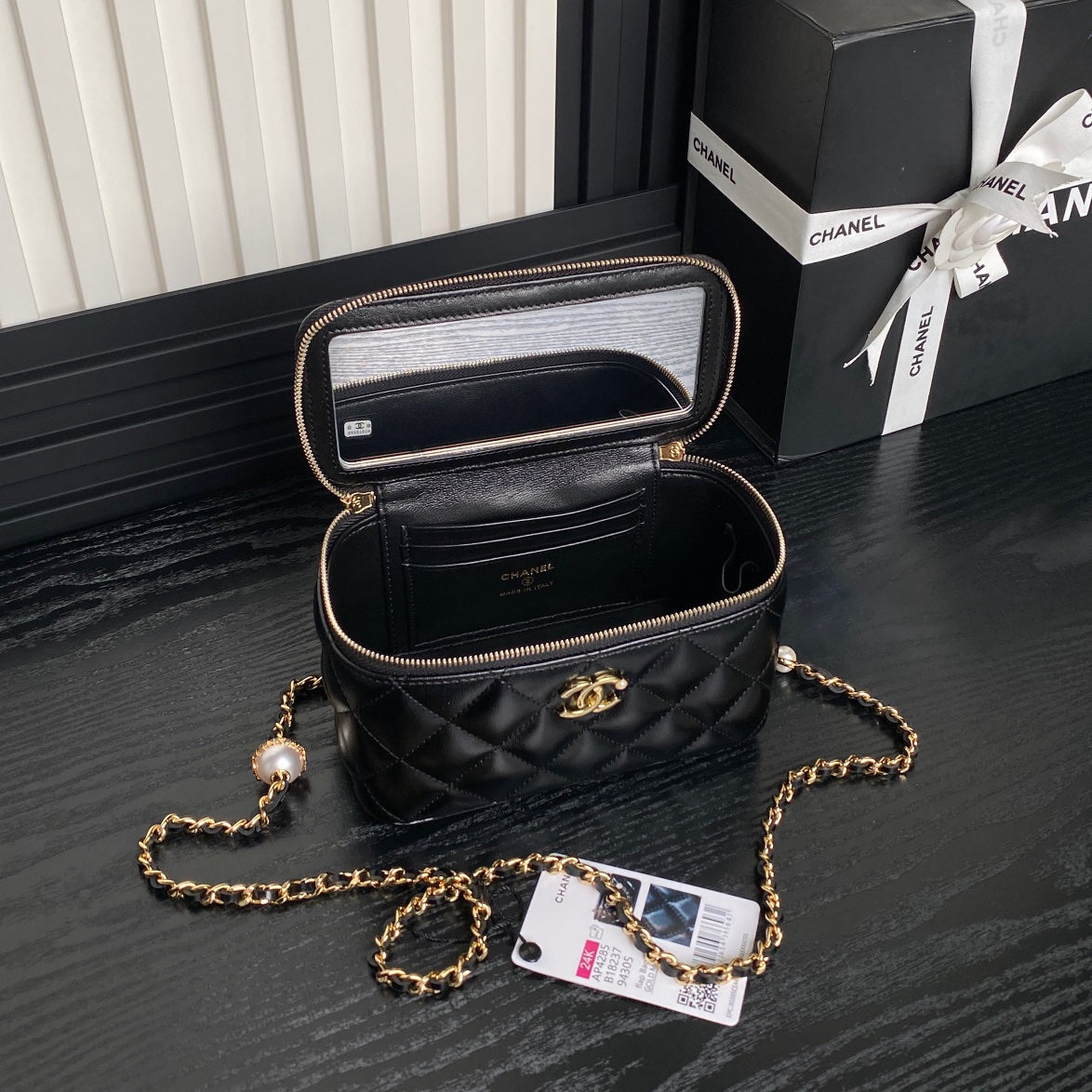 CHA 17CM Black 24K Pearl Cross Shoulder Bag AP4285