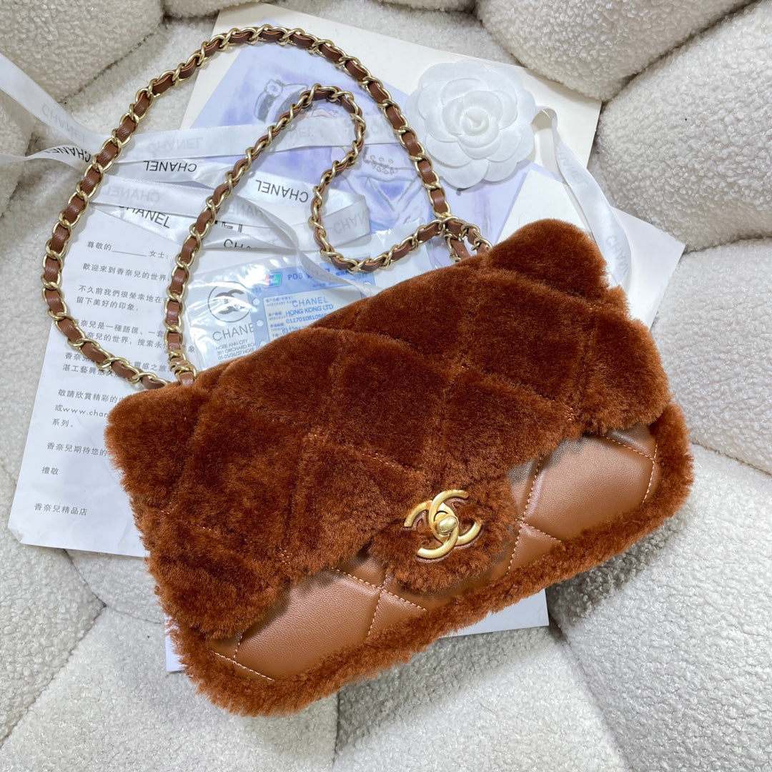 CHA 16CM Dark brown 24k Teddy Bear Shoulder Bag AS5149