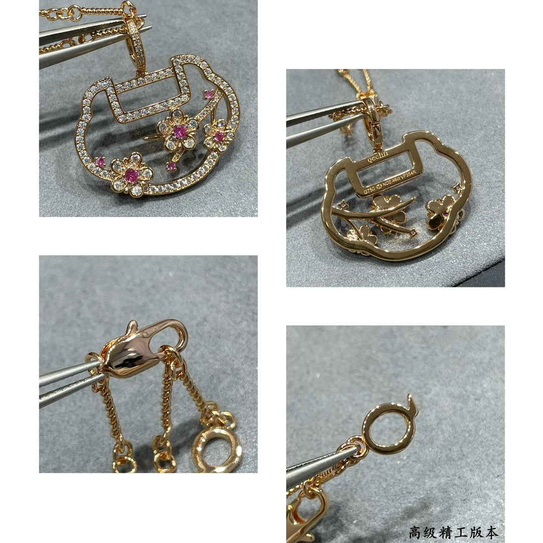 Kirin Three Flowers Ruyi Lock Yellow Gold Necklace XLA425