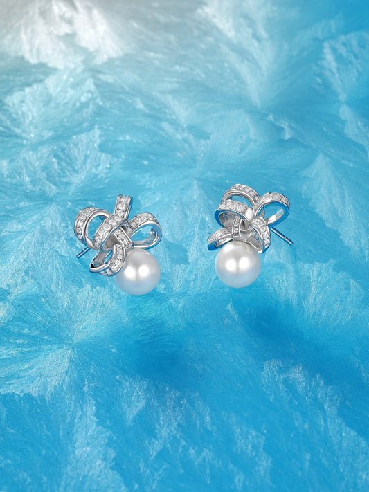 bow pearl silver earrings eha691