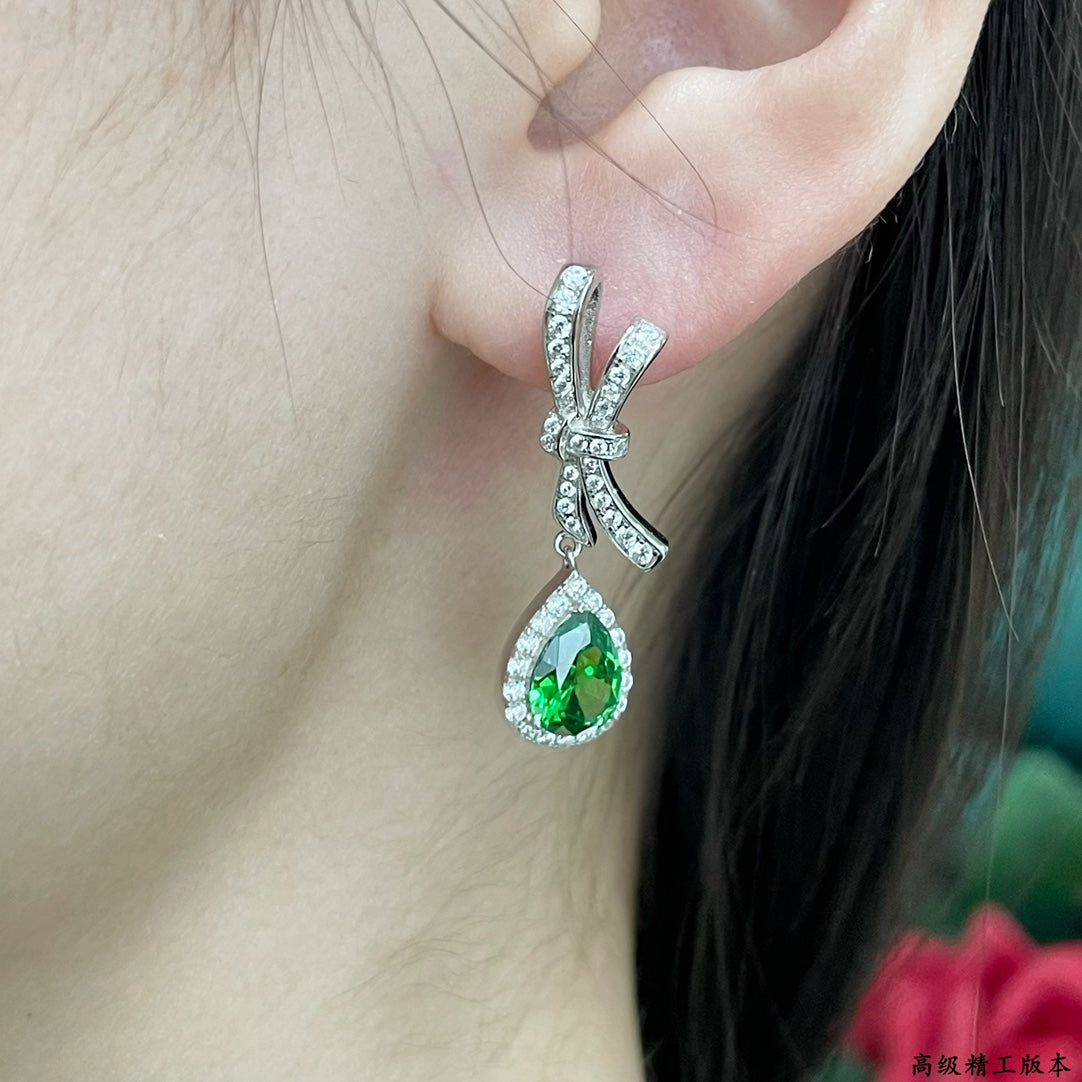 Green Diamond Collar Flower Water Drop Silver Earrings EHA784