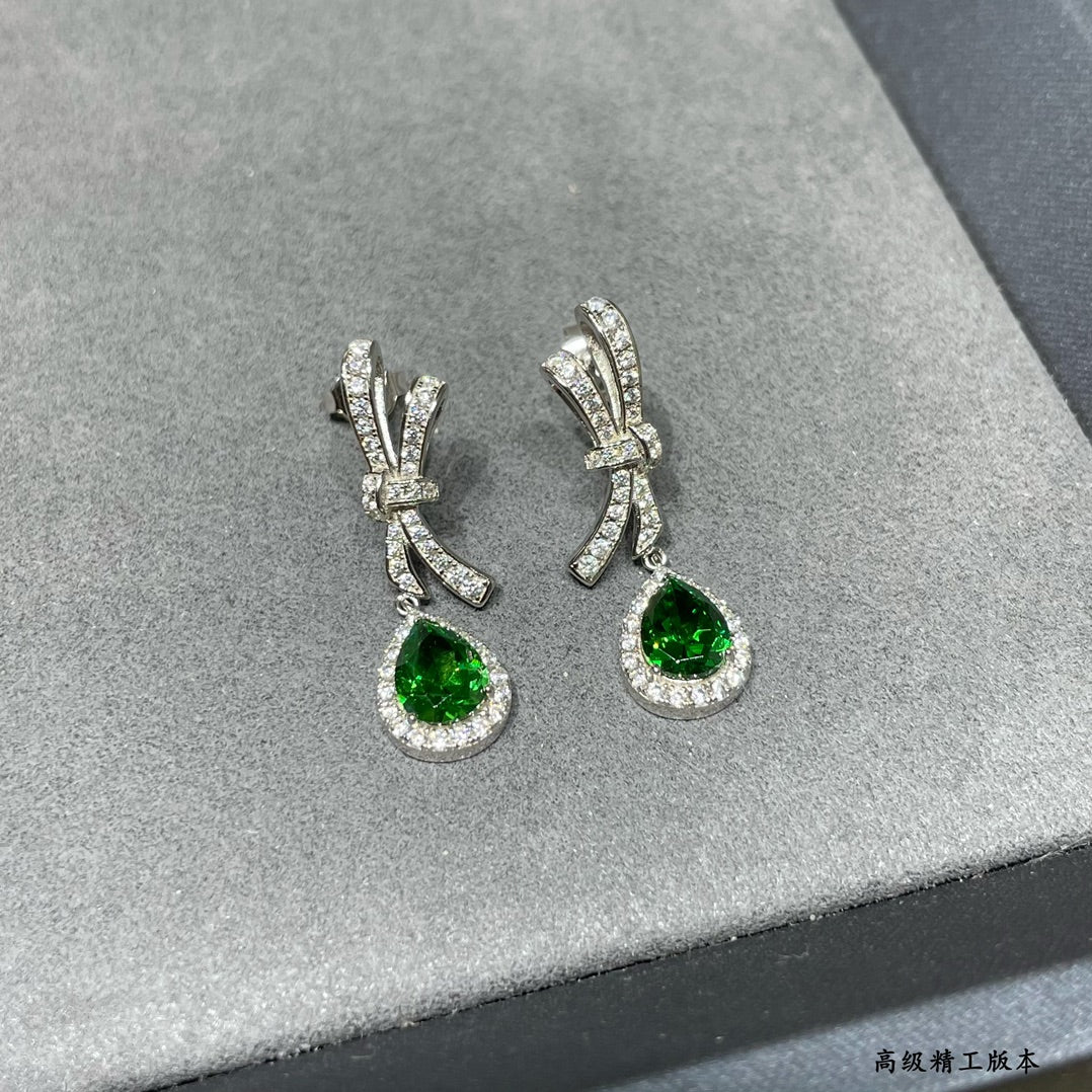 Green Diamond Collar Flower Water Drop Silver Earrings EHA784