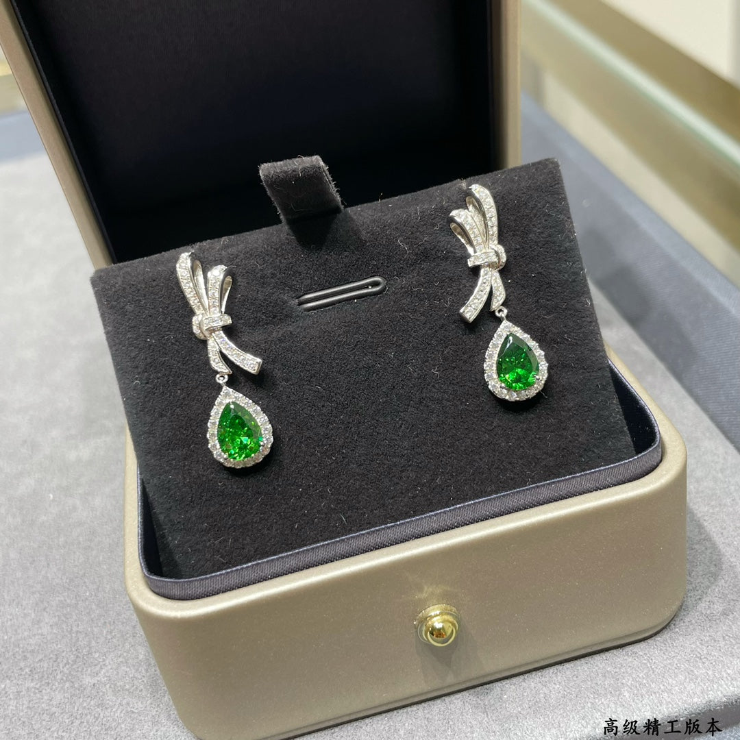 Green Diamond Collar Flower Water Drop Silver Earrings EHA784