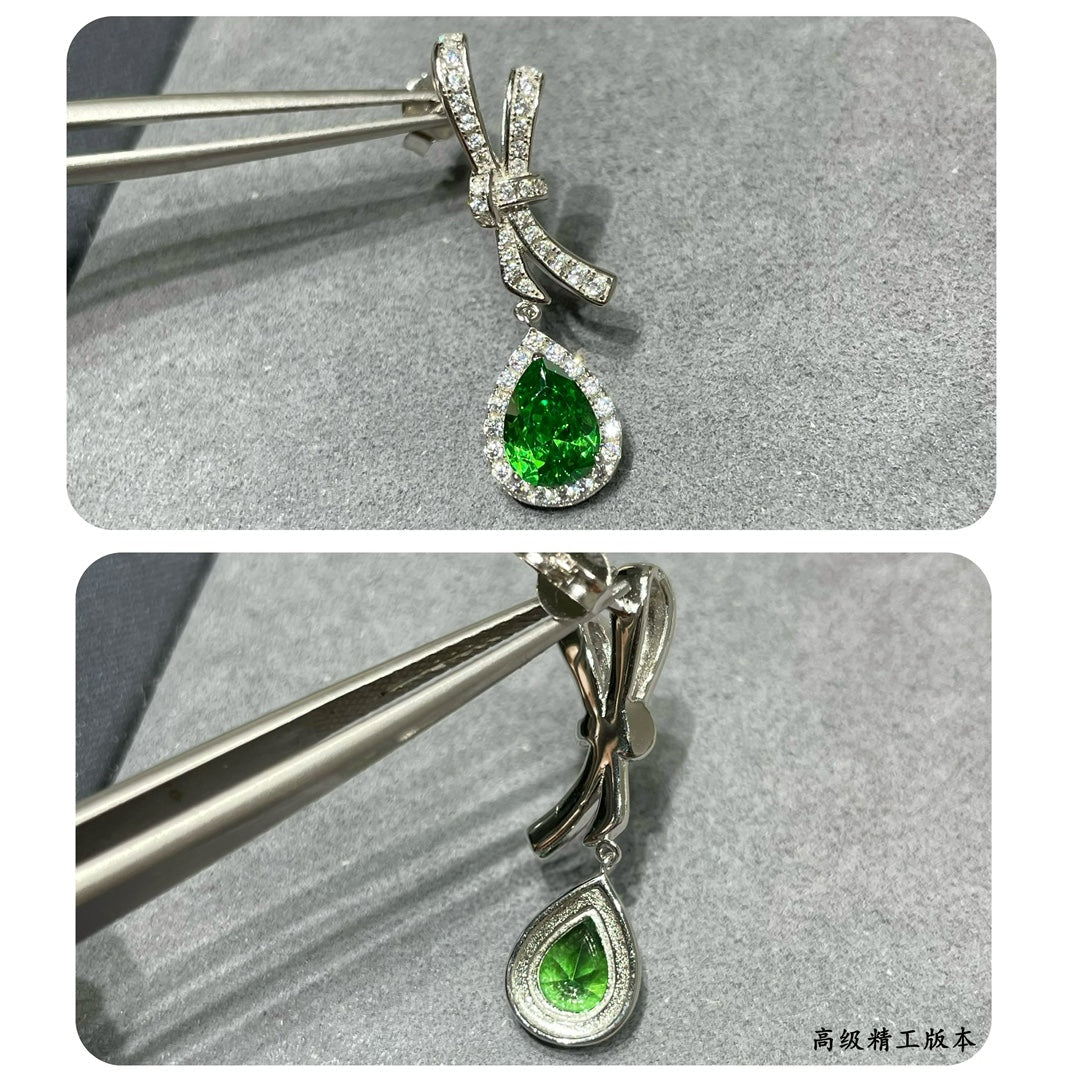 Green Diamond Collar Flower Water Drop Silver Earrings EHA784