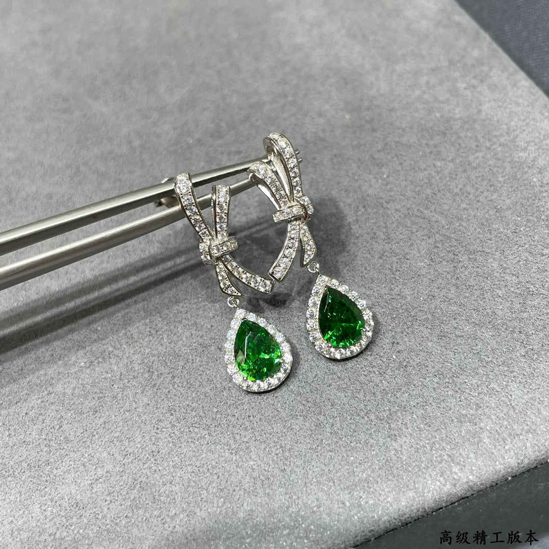 Green Diamond Collar Flower Water Drop Silver Earrings EHA784