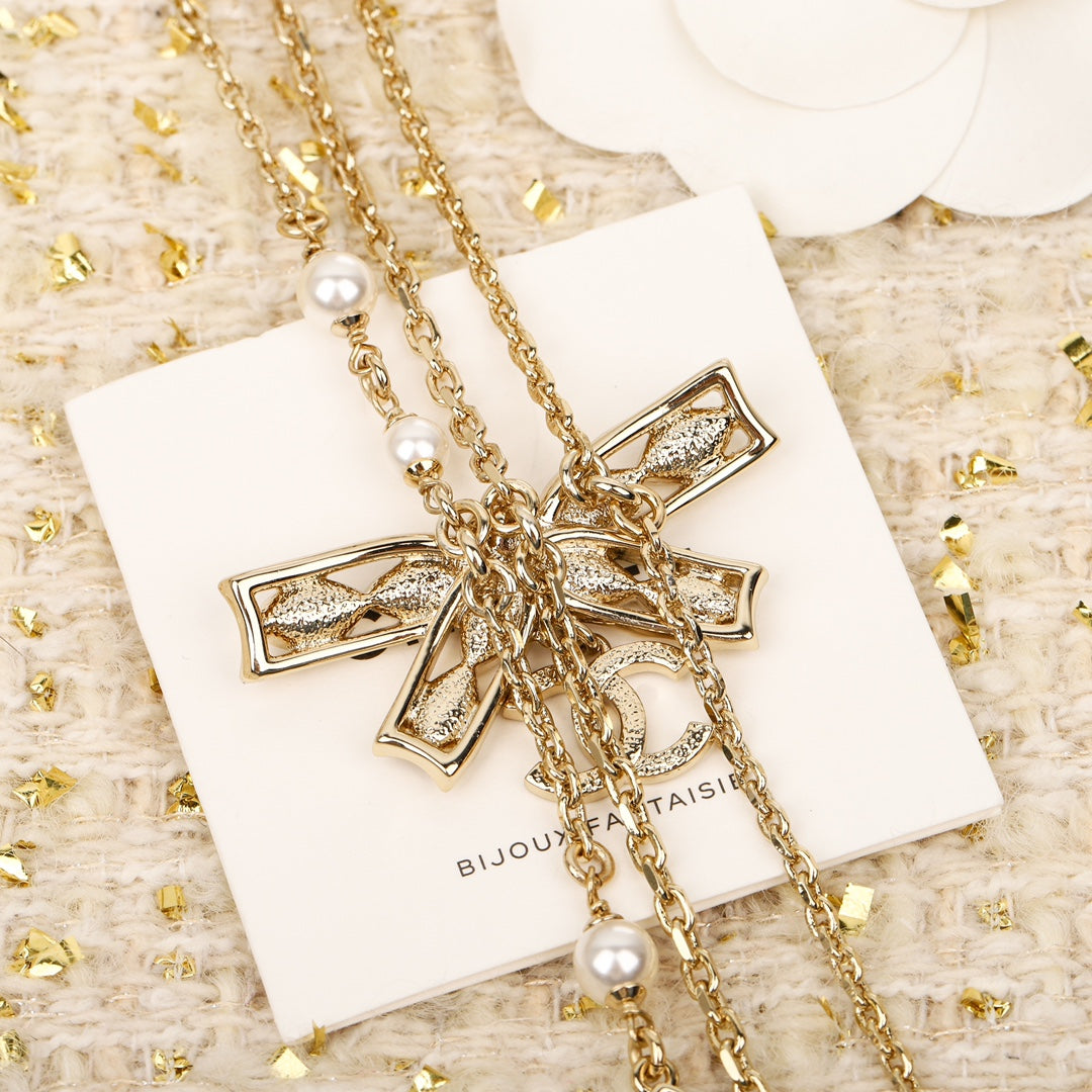 Bow triple chain pearl necklace XLA427