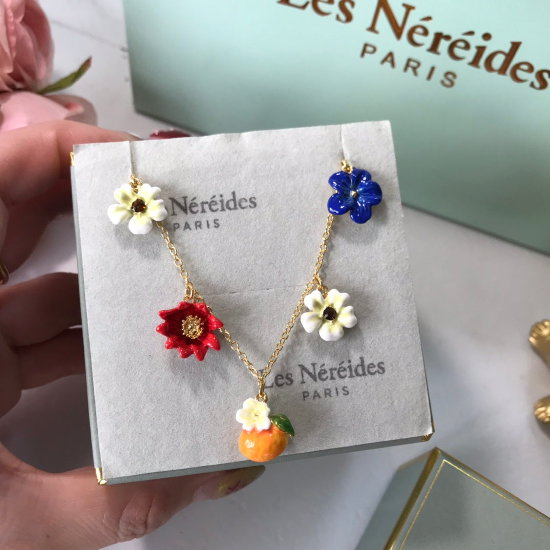 Enamel Orange and Flower Necklace XLA467