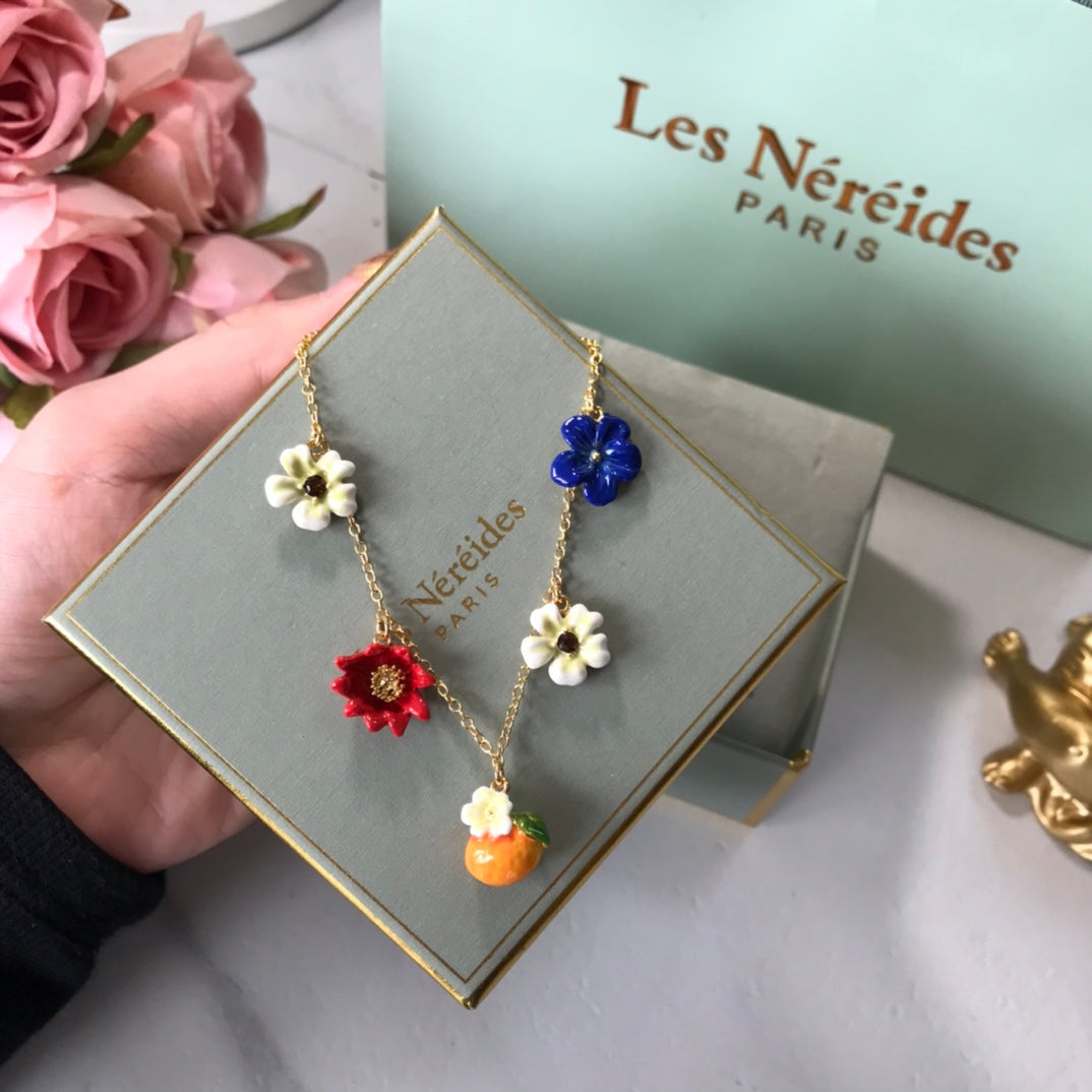 Enamel Orange and Flower Necklace XLA467