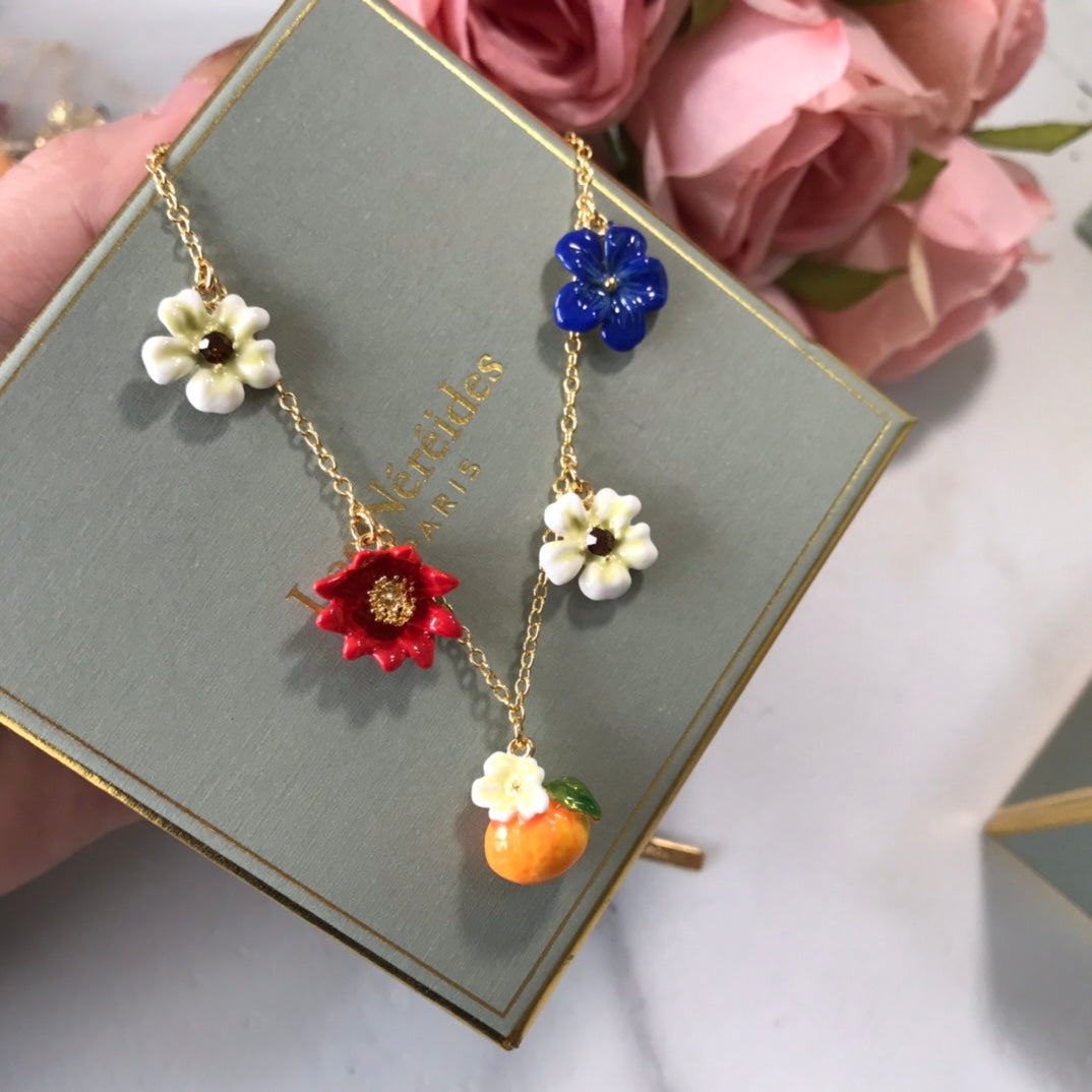 Enamel Orange and Flower Necklace XLA467