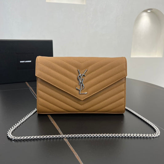 YSL MONOGRAM 22.5CM Brown Chain Shoulder Bag 377828