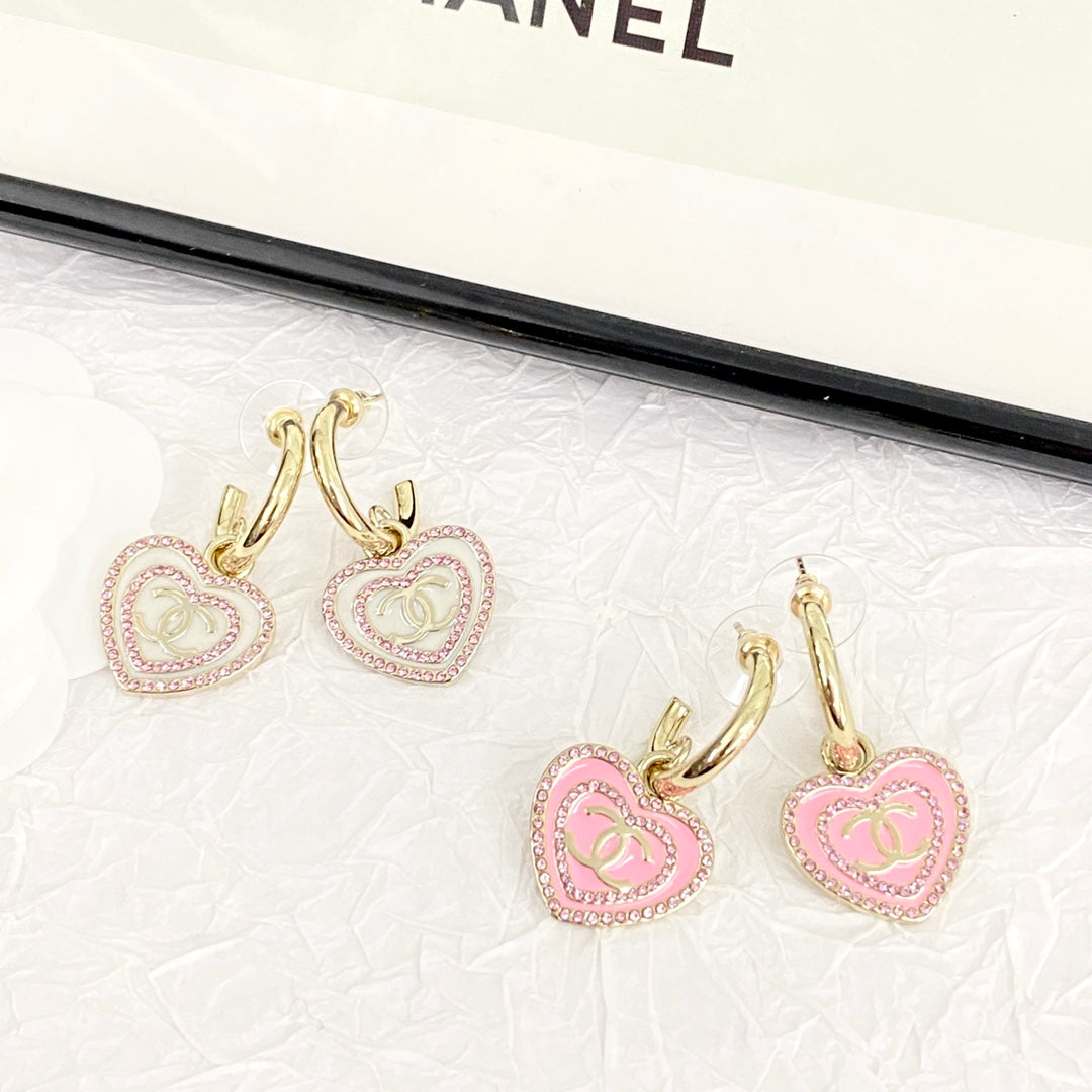 Pink diamond white enamel heart-shaped hook earrings EHA758