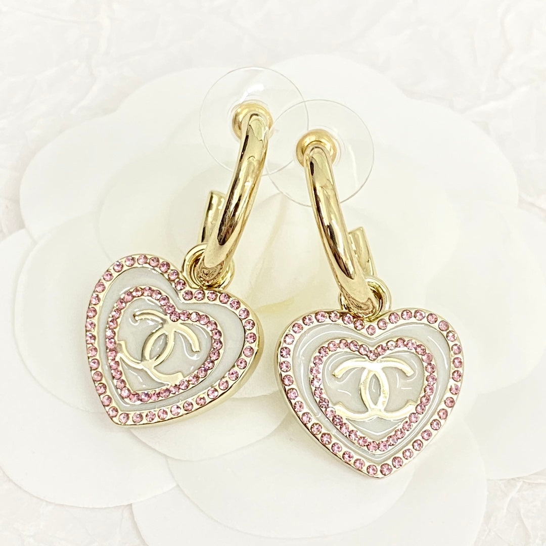 Pink diamond white enamel heart-shaped hook earrings EHA758