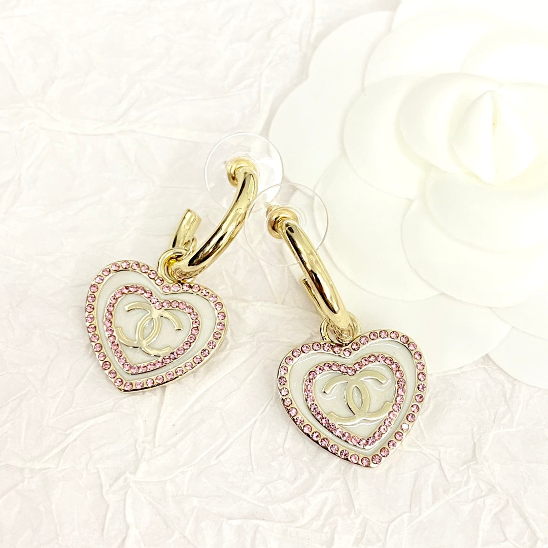 Pink diamond white enamel heart-shaped hook earrings EHA758