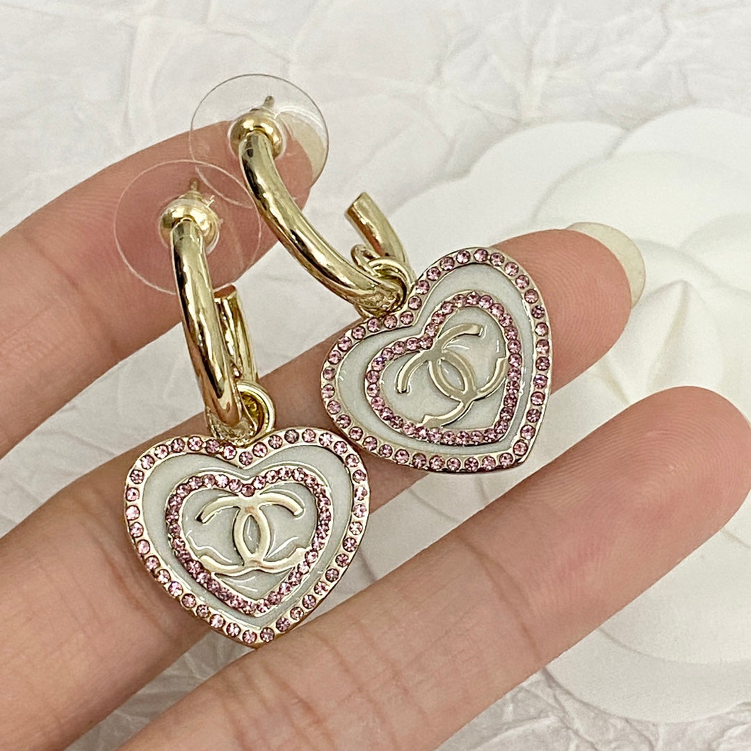 Pink diamond white enamel heart-shaped hook earrings EHA758