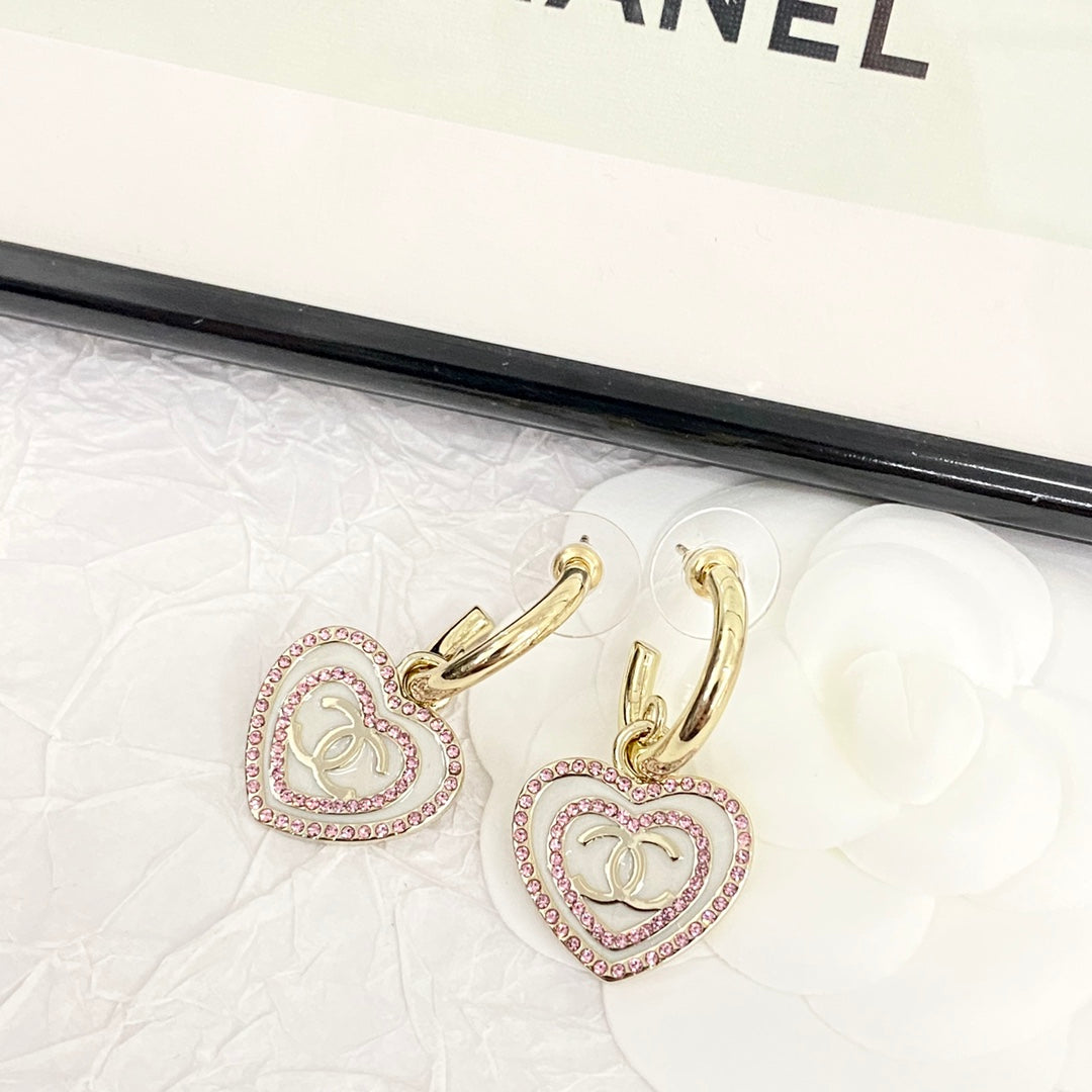 Pink diamond white enamel heart-shaped hook earrings EHA758