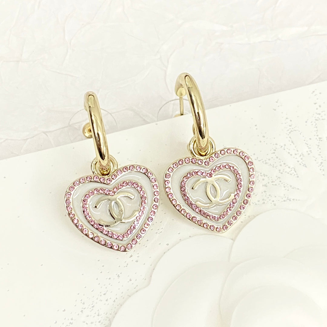 Pink diamond white enamel heart-shaped hook earrings EHA758