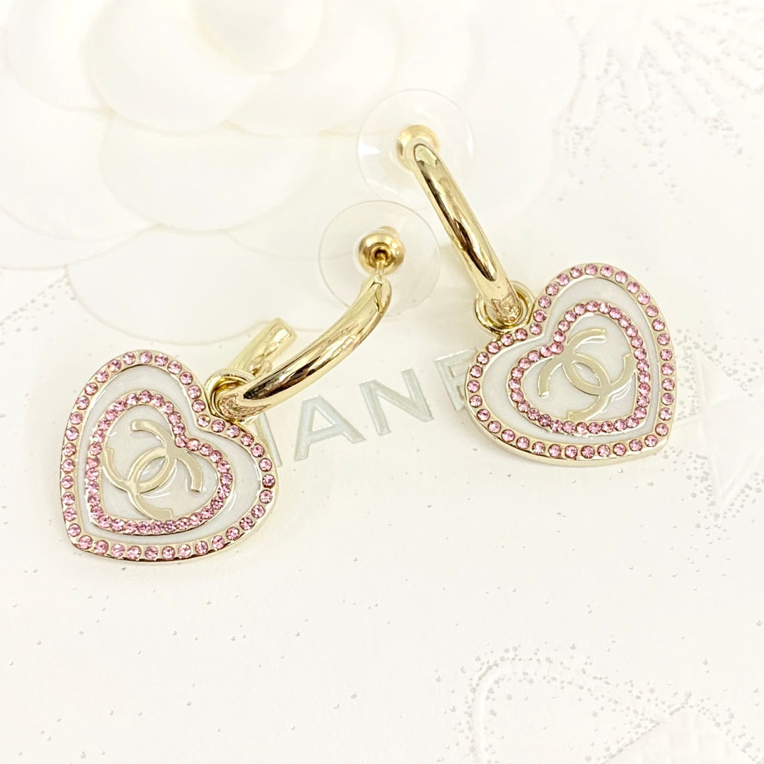 Pink diamond white enamel heart-shaped hook earrings EHA758