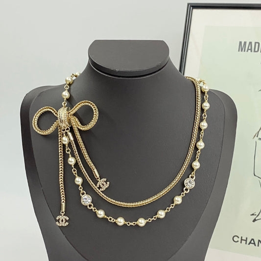 double chain bow wheat ear chain tassel necklace xla454