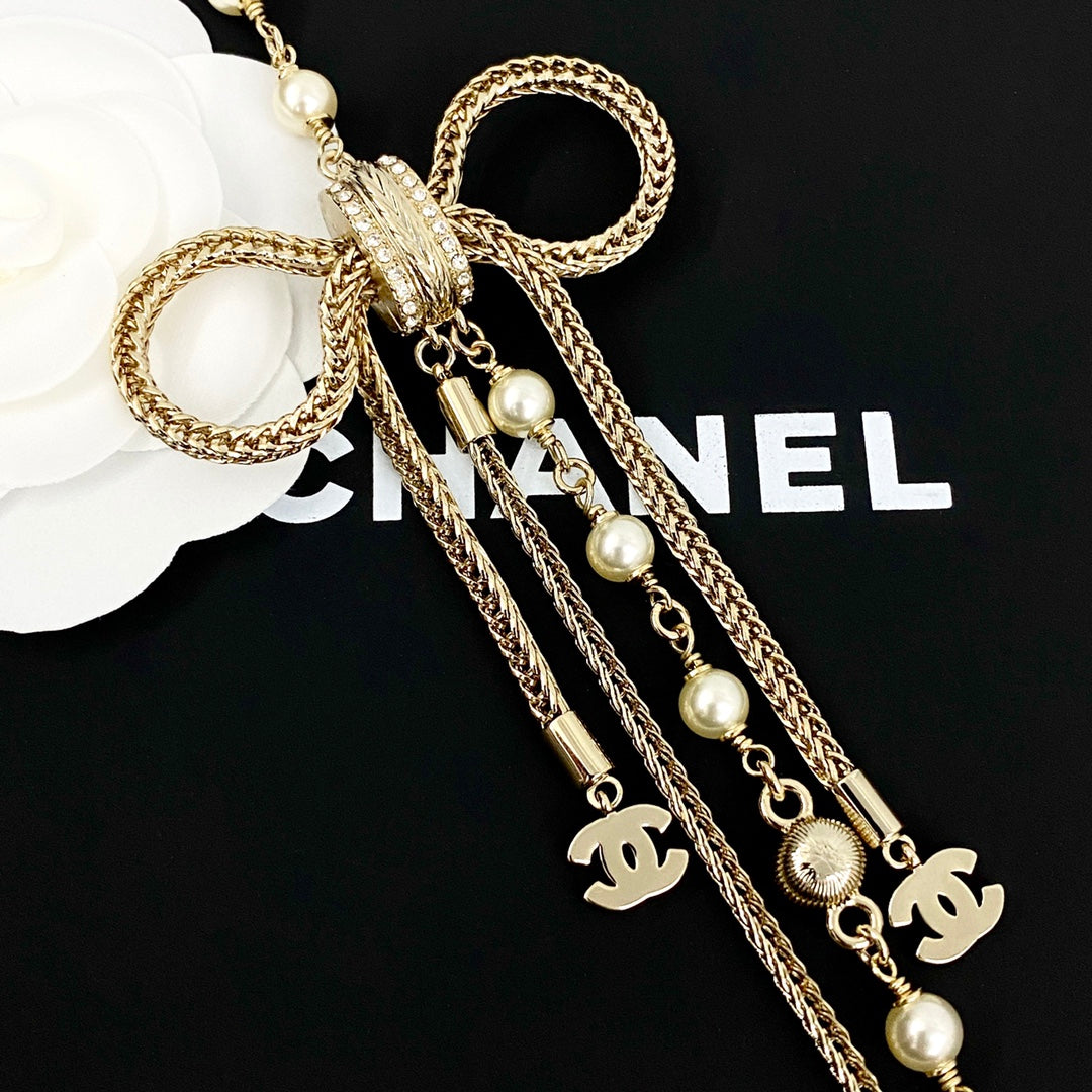 Double chain bow wheat ear chain tassel necklace XLA454