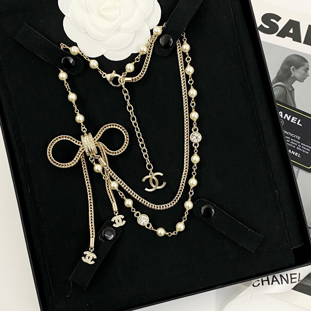 Double chain bow wheat ear chain tassel necklace XLA454