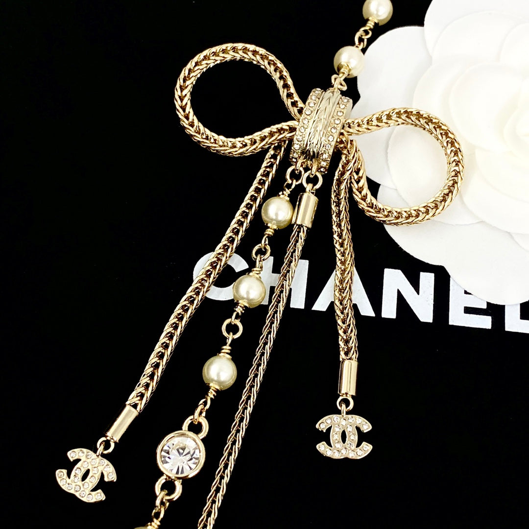 Double chain bow wheat ear chain tassel necklace XLA454