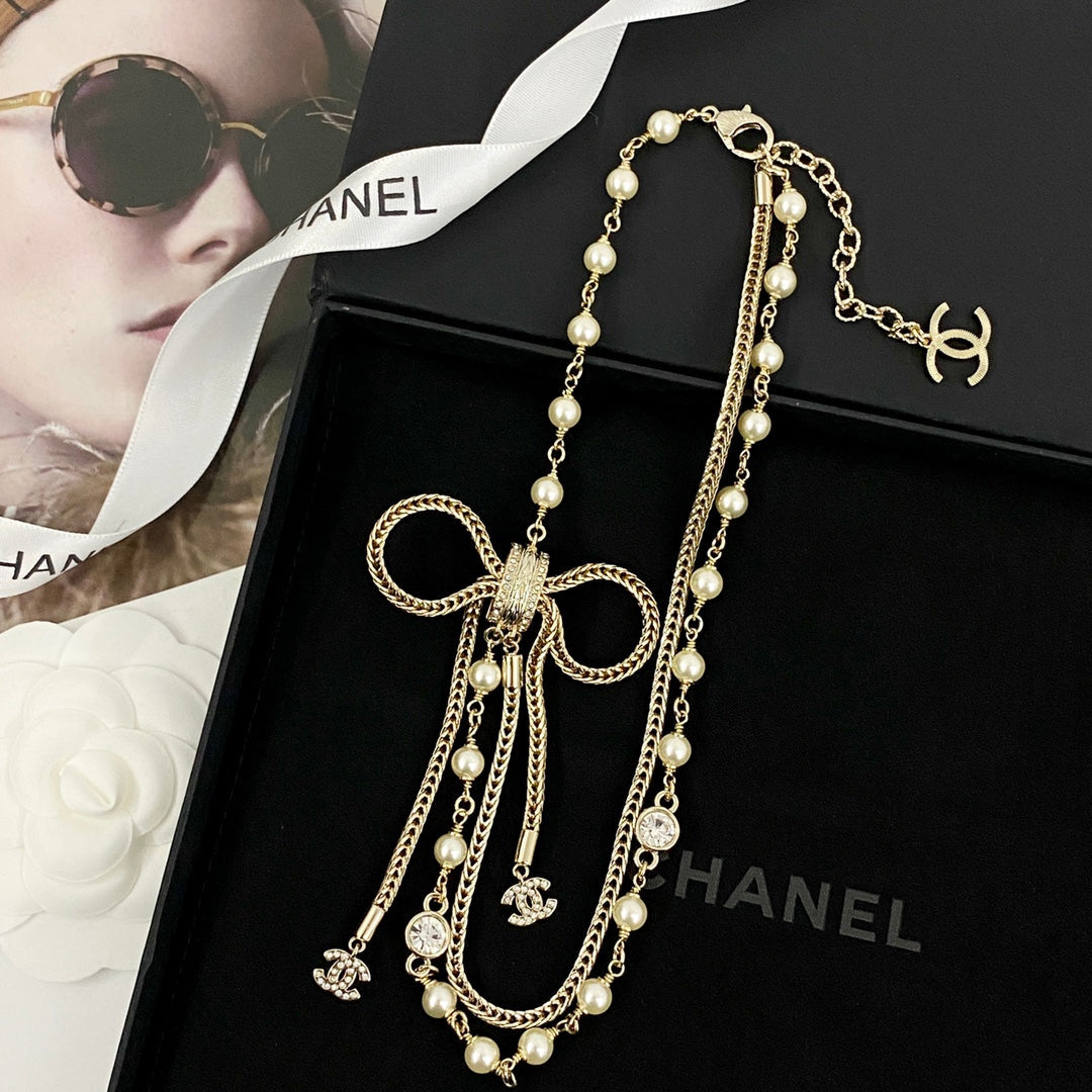 Double chain bow wheat ear chain tassel necklace XLA454