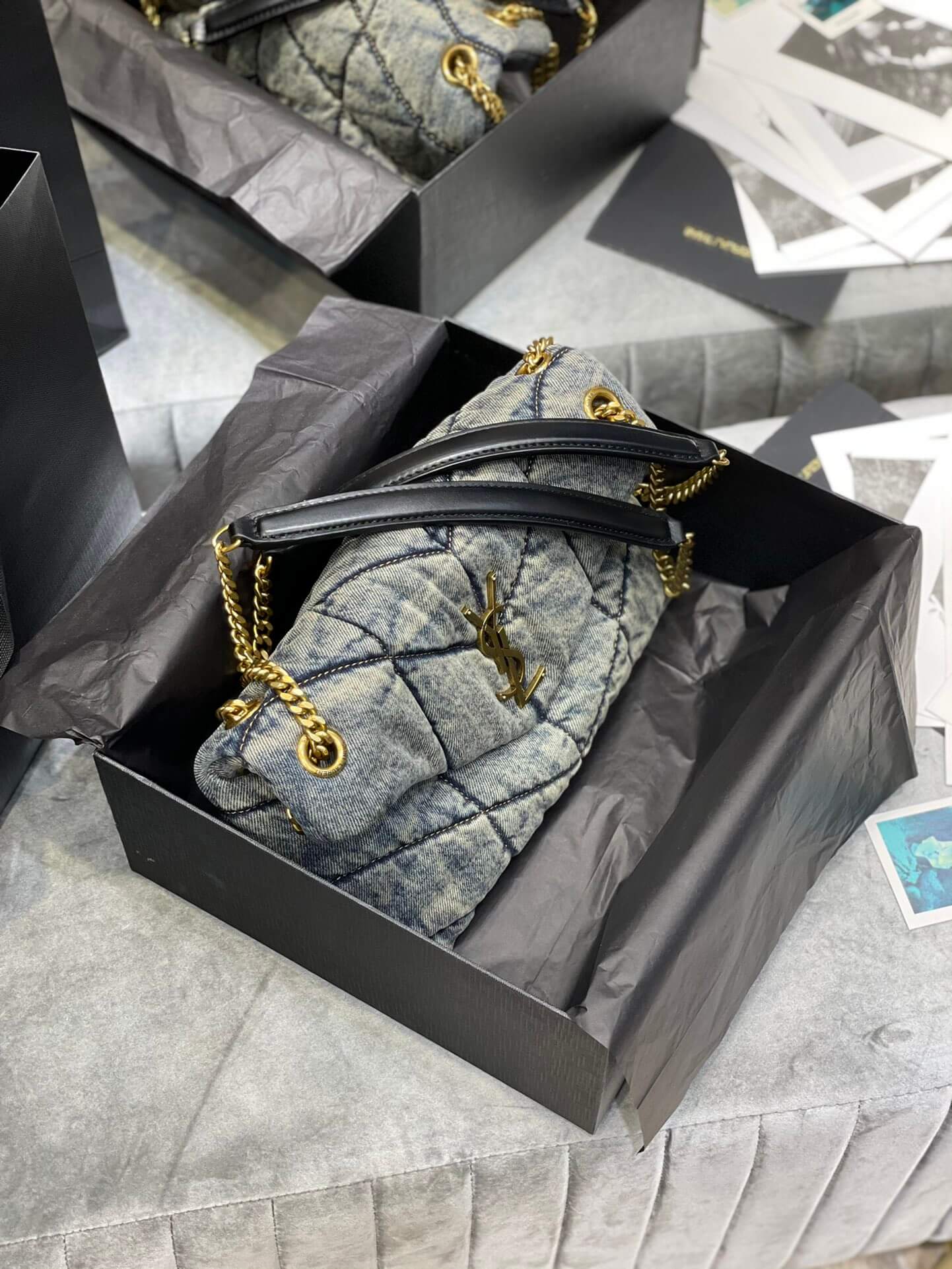 y sl 577476 loulou puffer 29cm denim bag grey