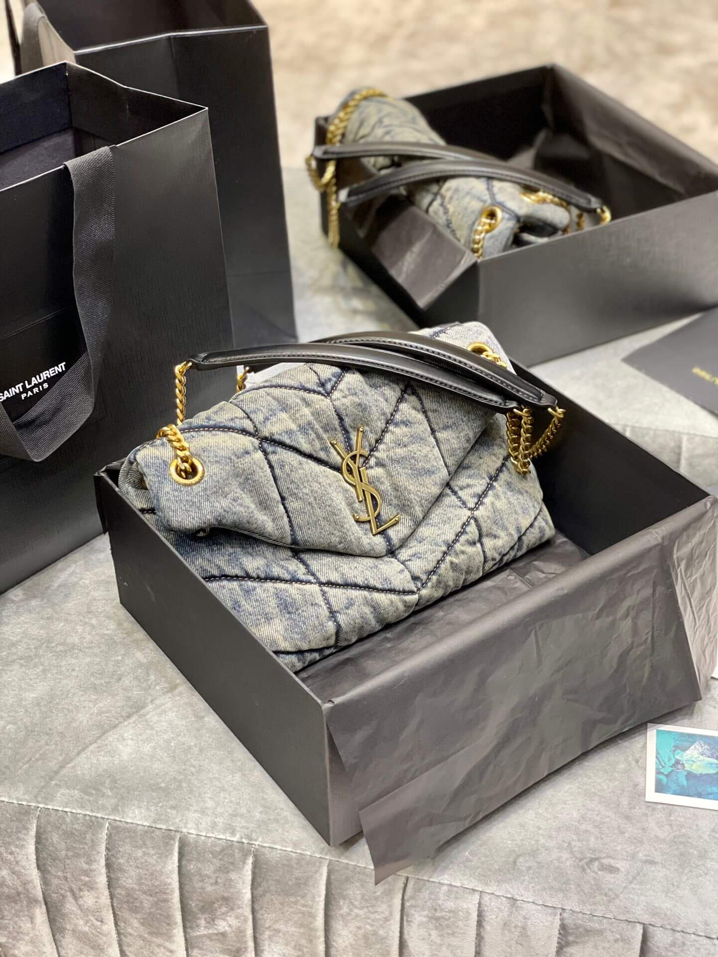 y sl 577476 loulou puffer 29cm denim bag grey