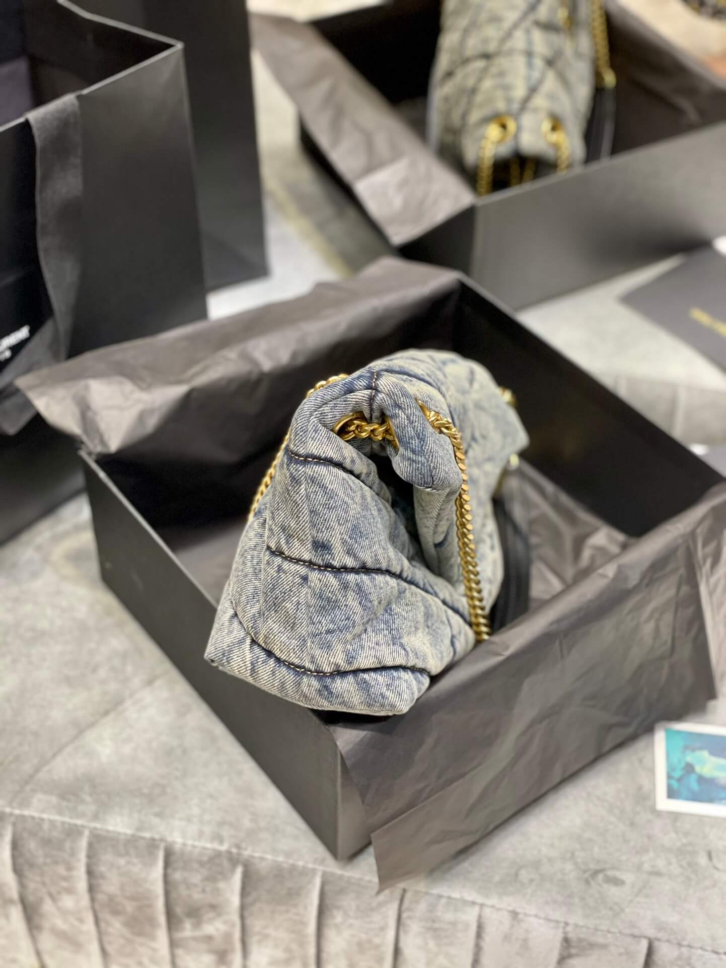 y sl 577476 loulou puffer 29cm denim bag grey