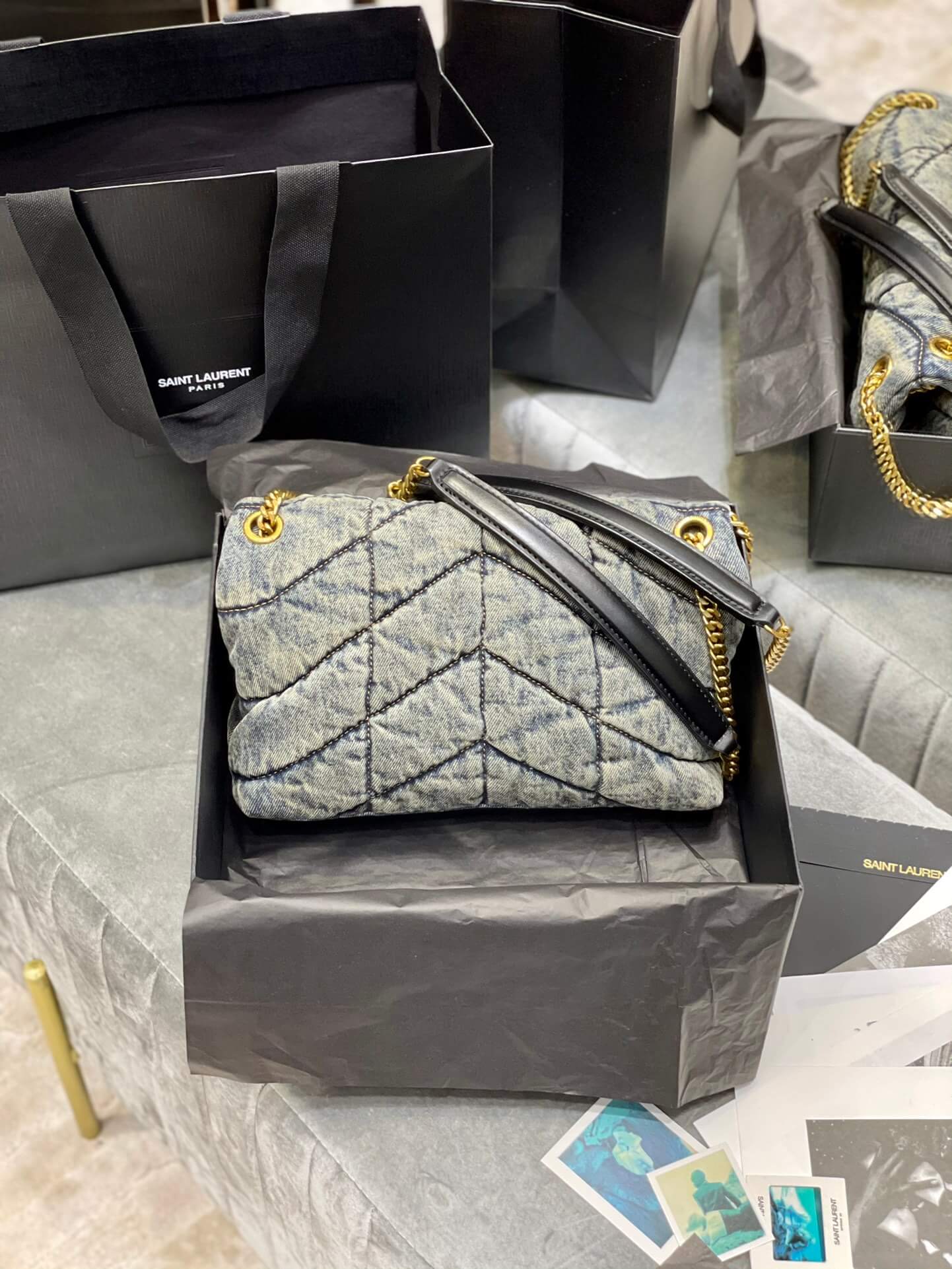 y sl 577476 loulou puffer 29cm denim bag grey