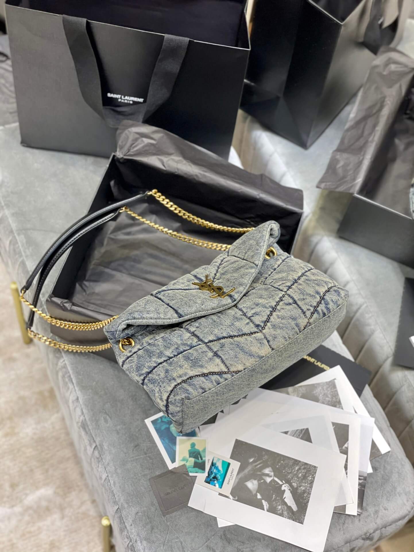 y sl 577476 loulou puffer 29cm denim bag grey