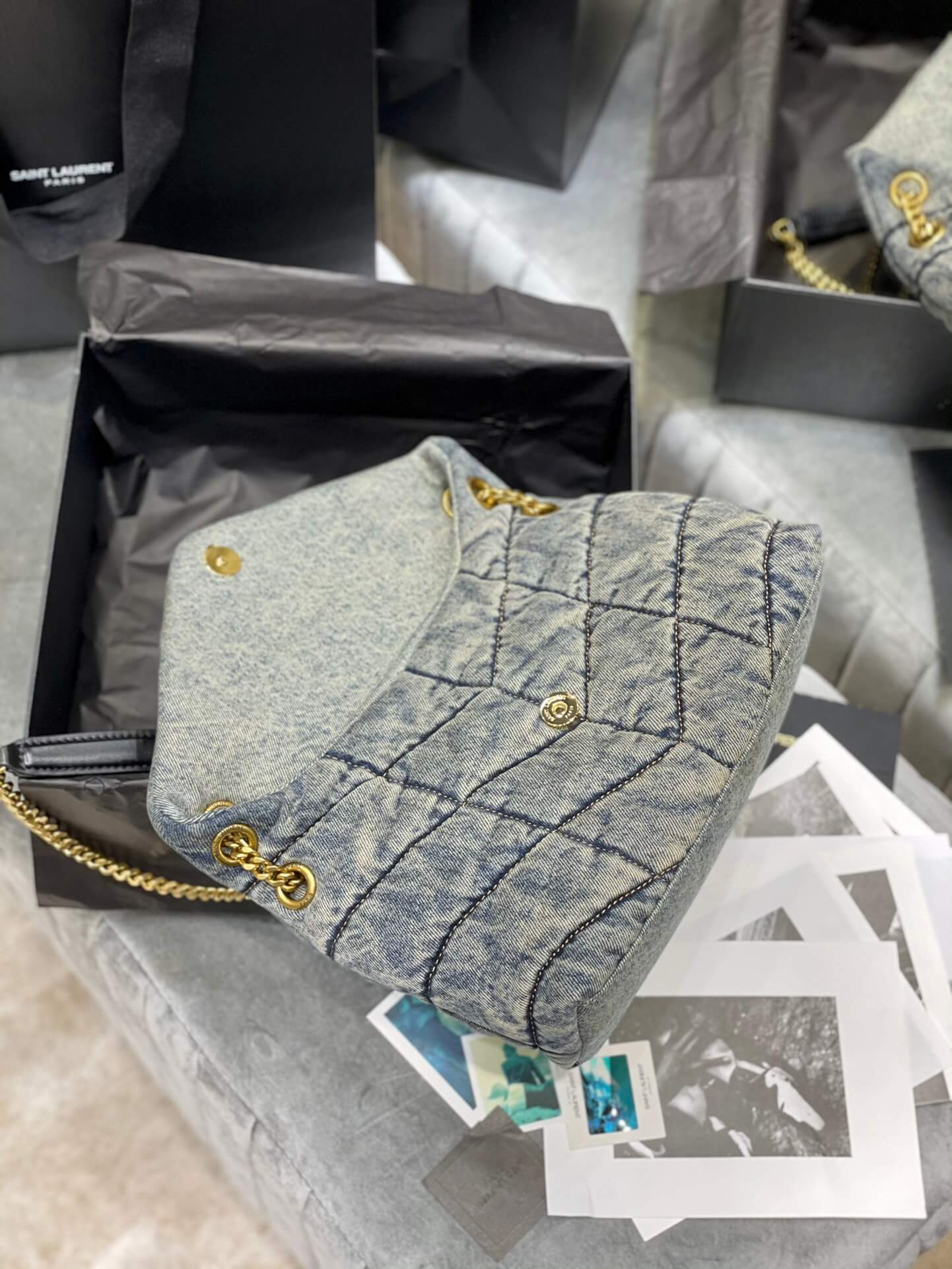 y sl 577476 loulou puffer 29cm denim bag grey