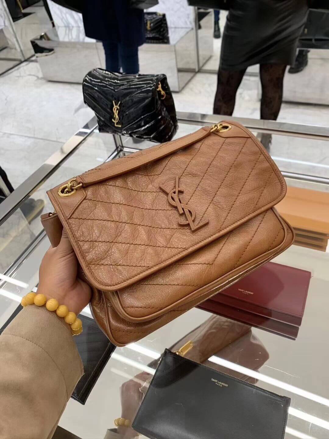 ysl niki medium 28cm brown fold retro leaher shoulder bag 633158