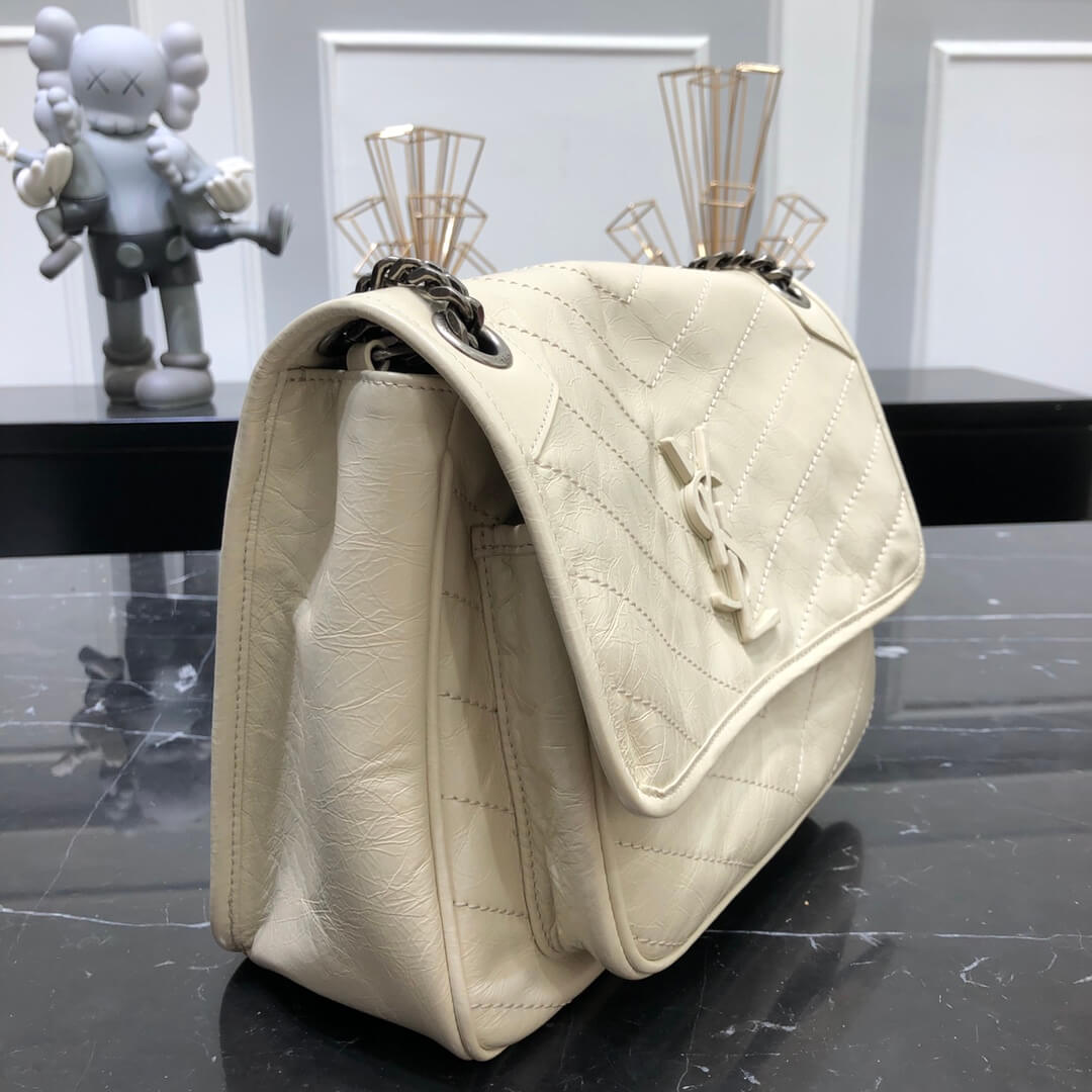 ysl niki medium 28cm cream white fold retro leaher shoulder bag 633158