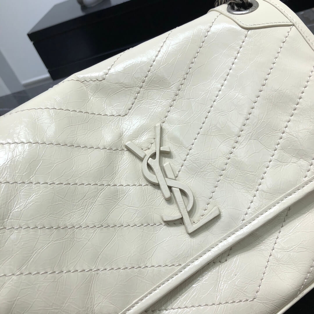 ysl niki medium 28cm cream white fold retro leaher shoulder bag 633158