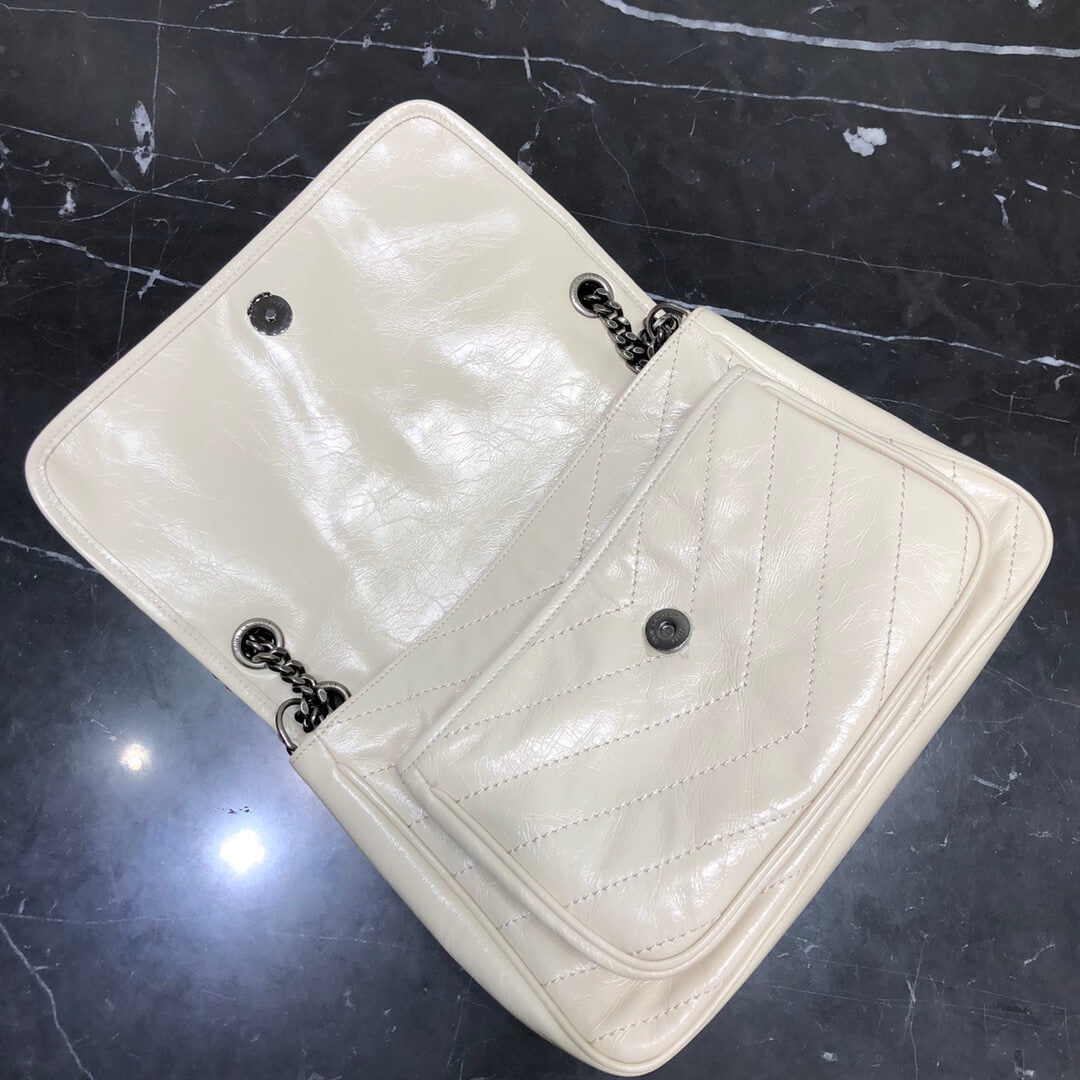 ysl niki medium 28cm cream white fold retro leaher shoulder bag 633158