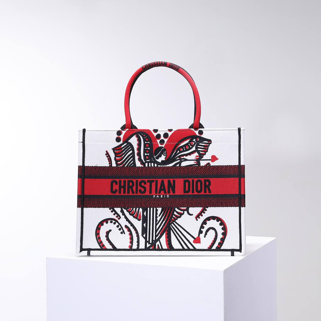 DO1286 Book Tote big size 36.5cm 41.5cm Oblique Embroidery white red